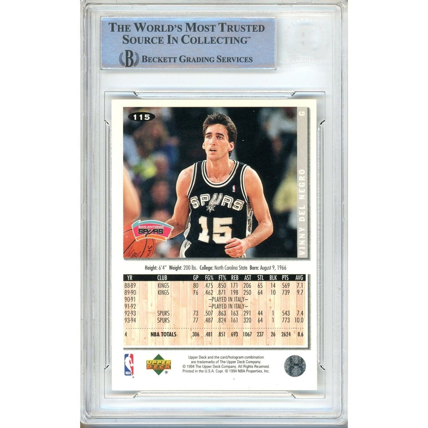 Vinny Del Negro San Antonio Spurs Signed 1994-95 Collectors Choice Card Beckett Auth Auto