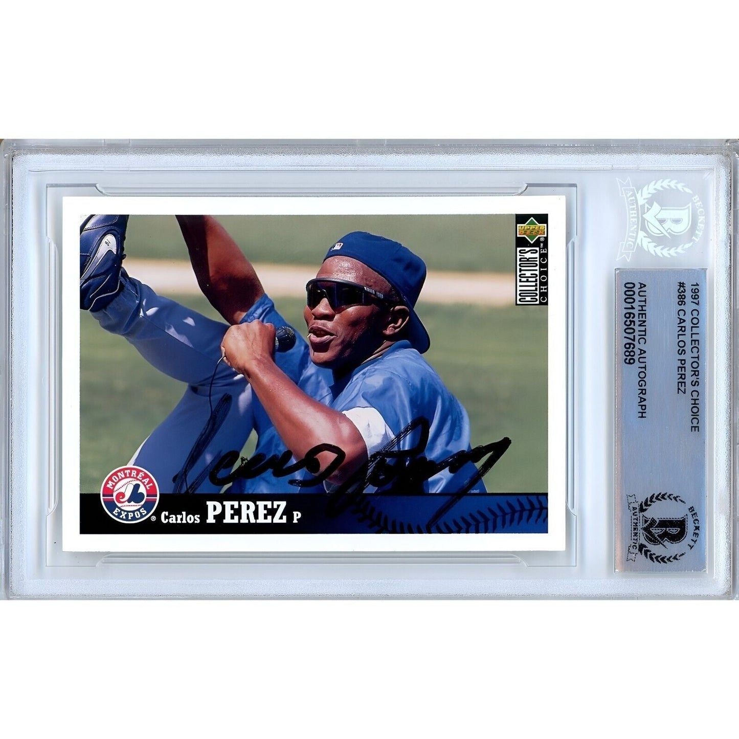 1997 UD Collectors Choice #386 — Carlos Perez Montreal Expos Autographed Trading Card — Beckett Authentication