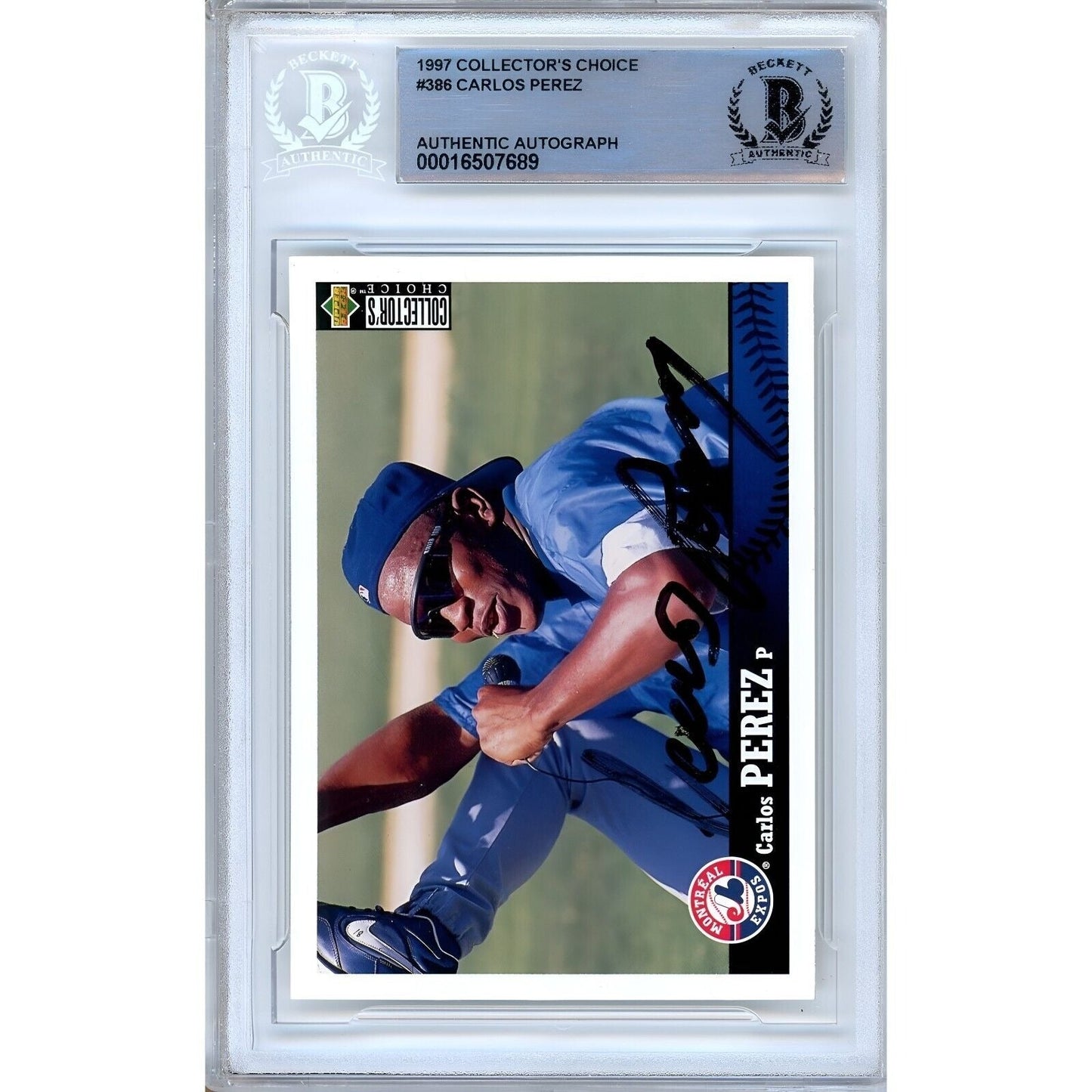 1997 UD Collectors Choice #386 — Carlos Perez Montreal Expos Autographed Trading Card — Beckett Authentication