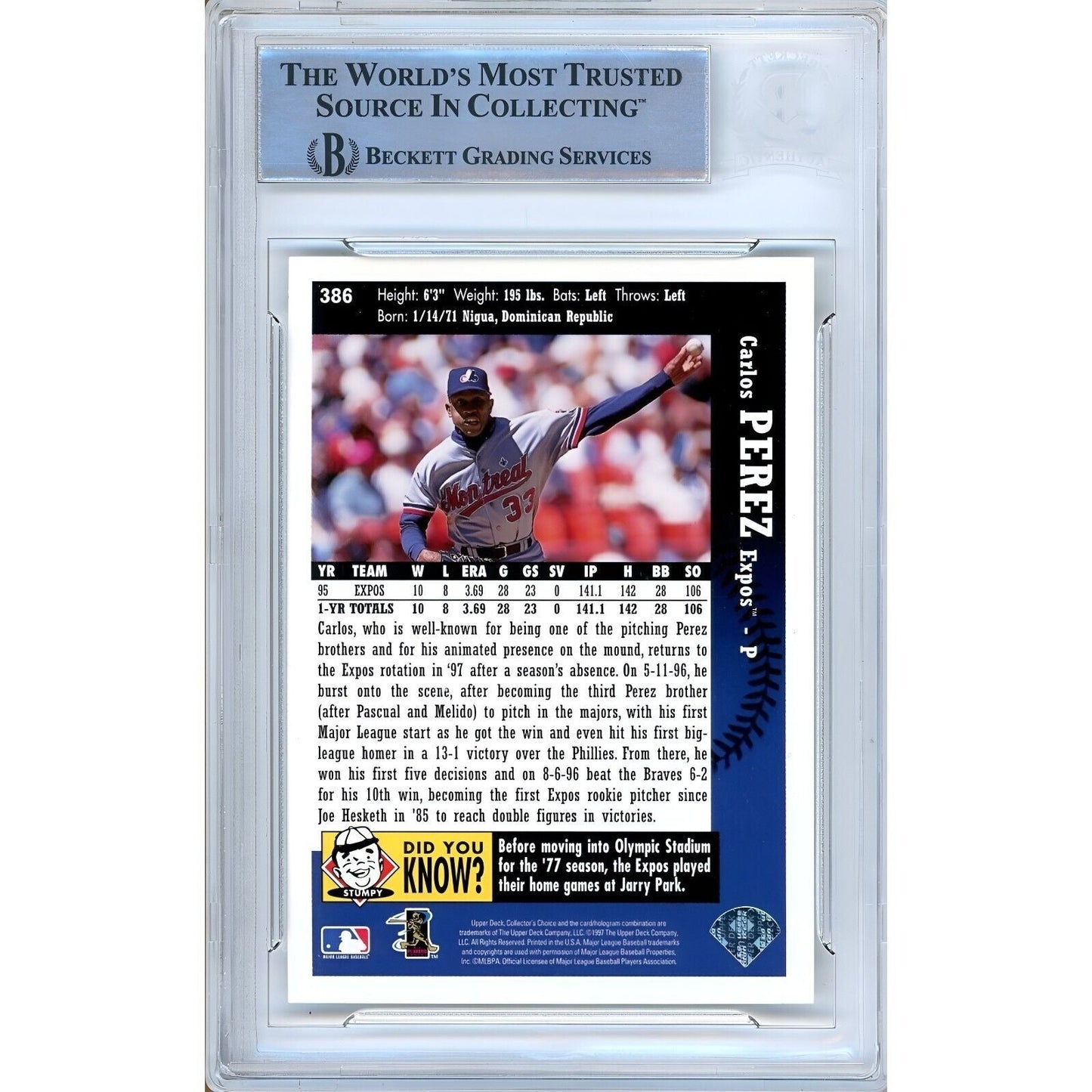 1997 UD Collectors Choice #386 — Carlos Perez Montreal Expos Autographed Trading Card — Beckett Authentication