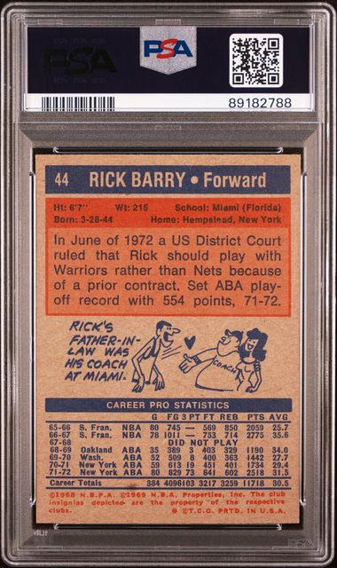 Graded 1972 Topps Rick Barry #44 2nd Year Basketball Card PSA 8 NM-MT - Sport Cards