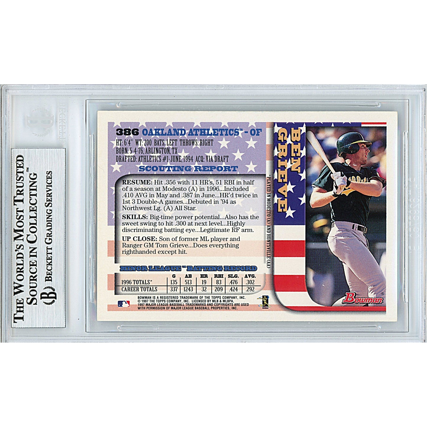 1997 Bowman #386 — Ben Grieve Oakland Athletics Autographed Trading Card — Beckett Authentication