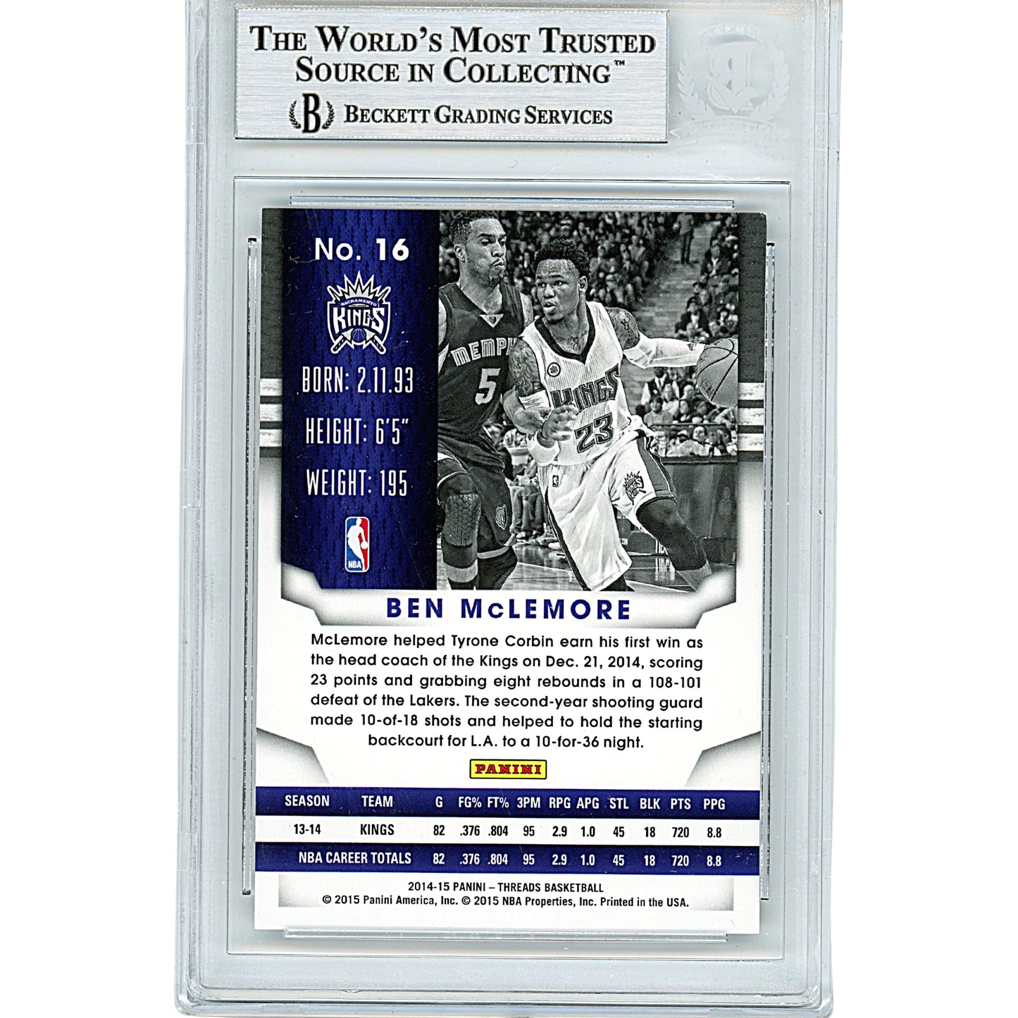 2014 Panini Threads #16 — Ben Mclemore Sacramento Kings Autographed Trading Card — Beckett Authentication