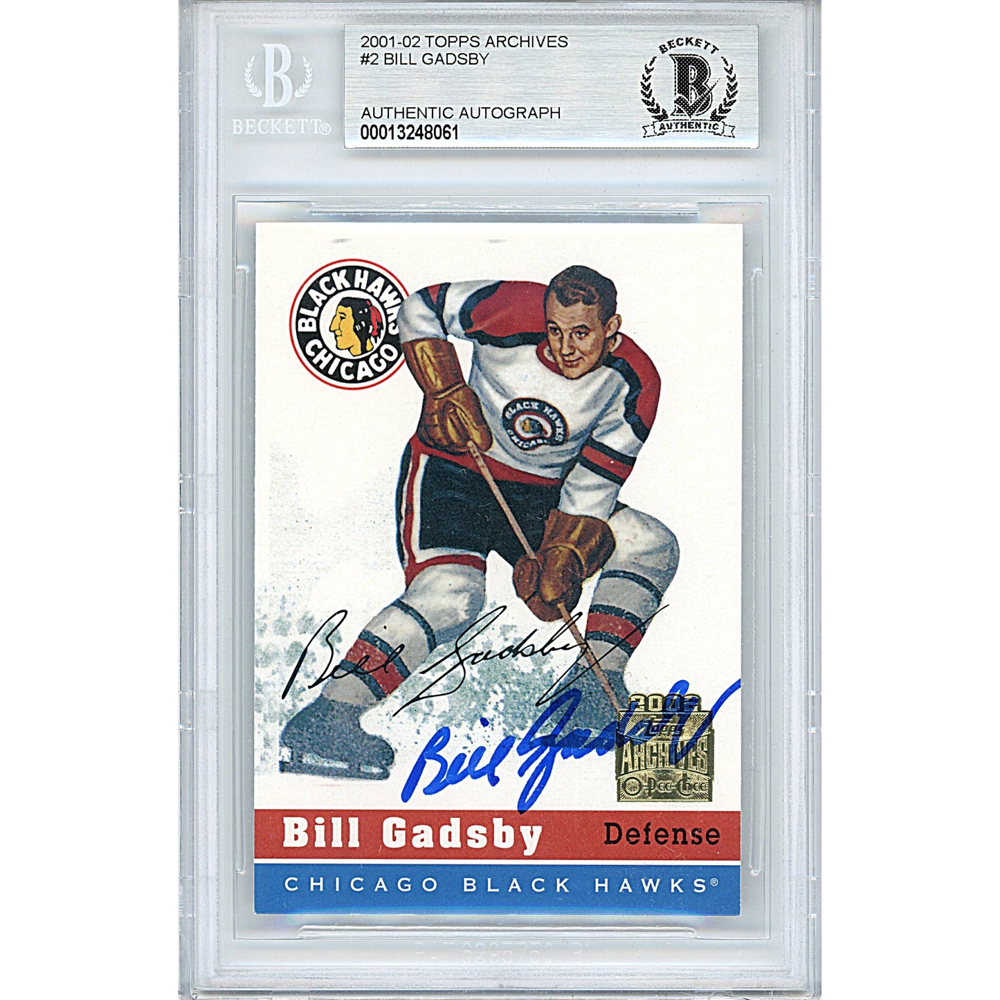 2001-02 Topps Archives #2 — Bill Gadsby Chicago Black Hawks Autographed Trading Card — Beckett Authentication
