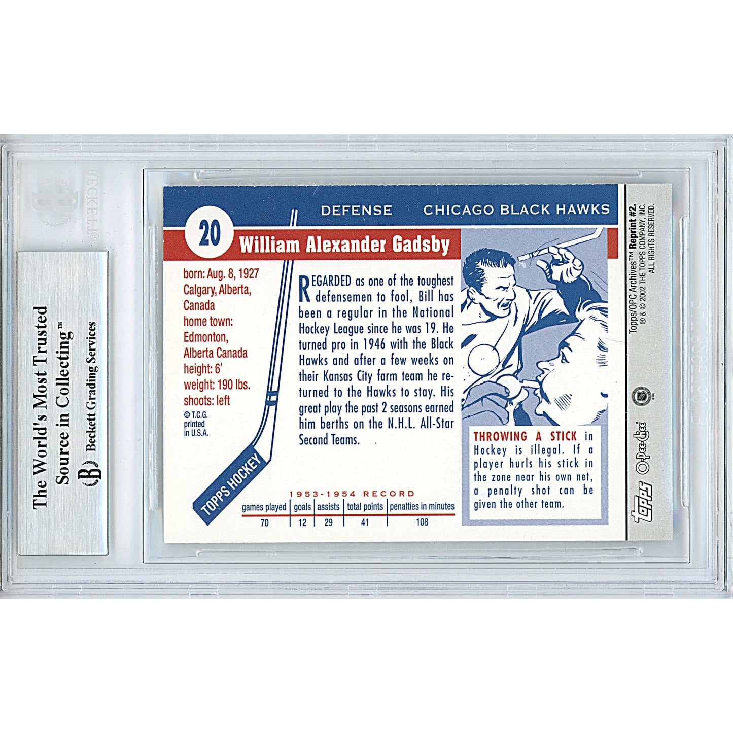 2001-02 Topps Archives #2 — Bill Gadsby Chicago Black Hawks Autographed Trading Card — Beckett Authentication