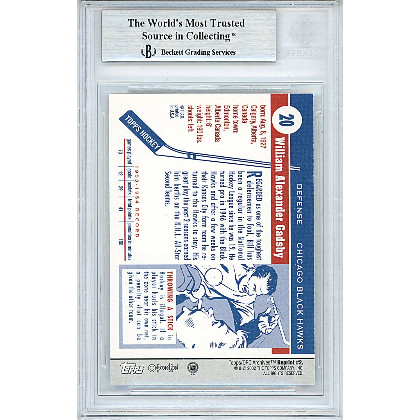 2001-02 Topps Archives #2 — Bill Gadsby Chicago Black Hawks Autographed Trading Card — Beckett Authentication