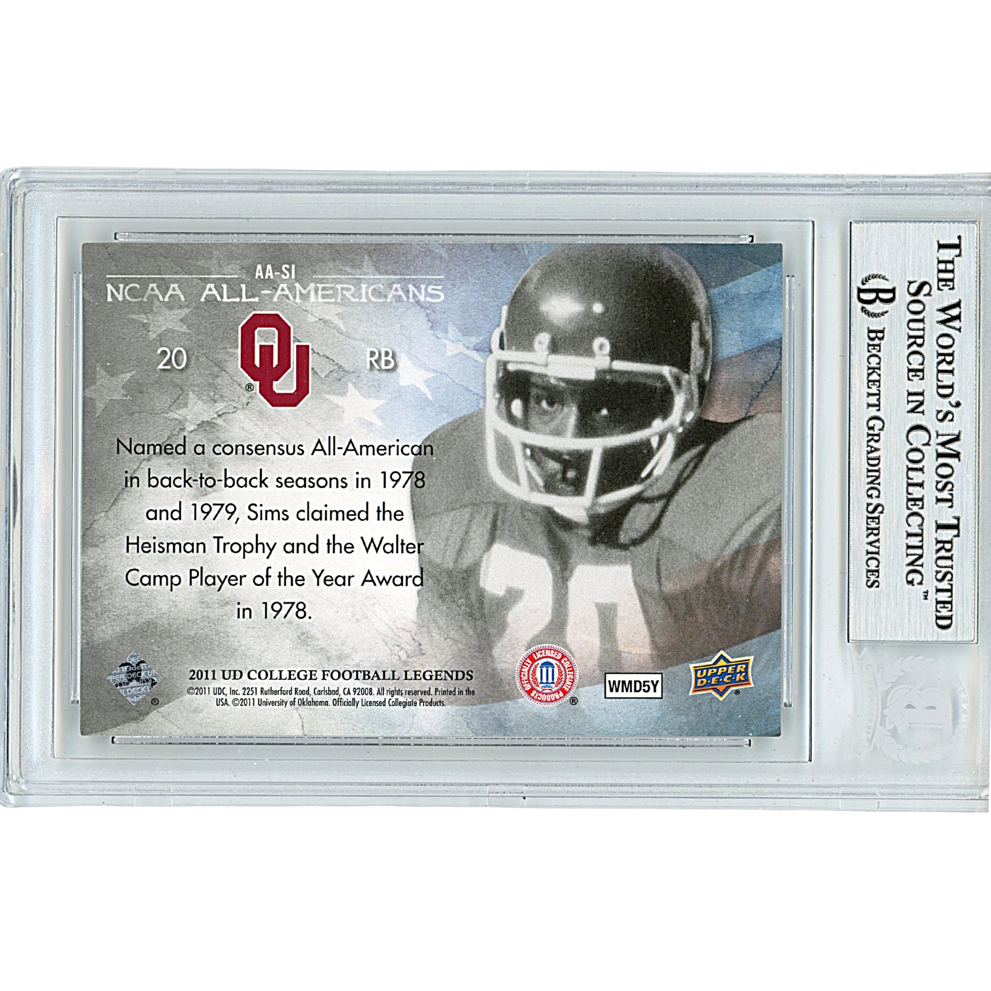 2011 Upper Deck College Legends #AASi — Billy Sims Oklahoma Sooners Autographed Trading Card — Beckett Authentication - Sport Cards