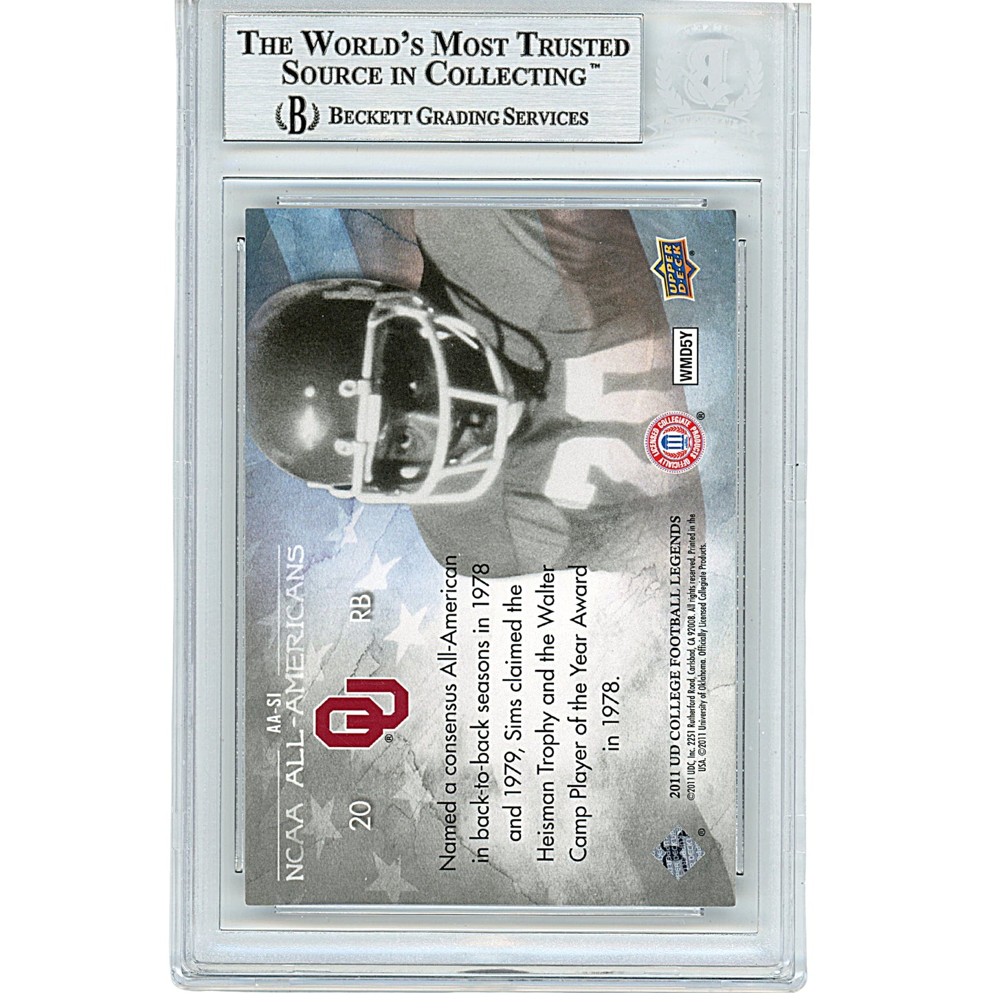 2011 Upper Deck College Legends #AASi — Billy Sims Oklahoma Sooners Autographed Trading Card — Beckett Authentication - Sport Cards