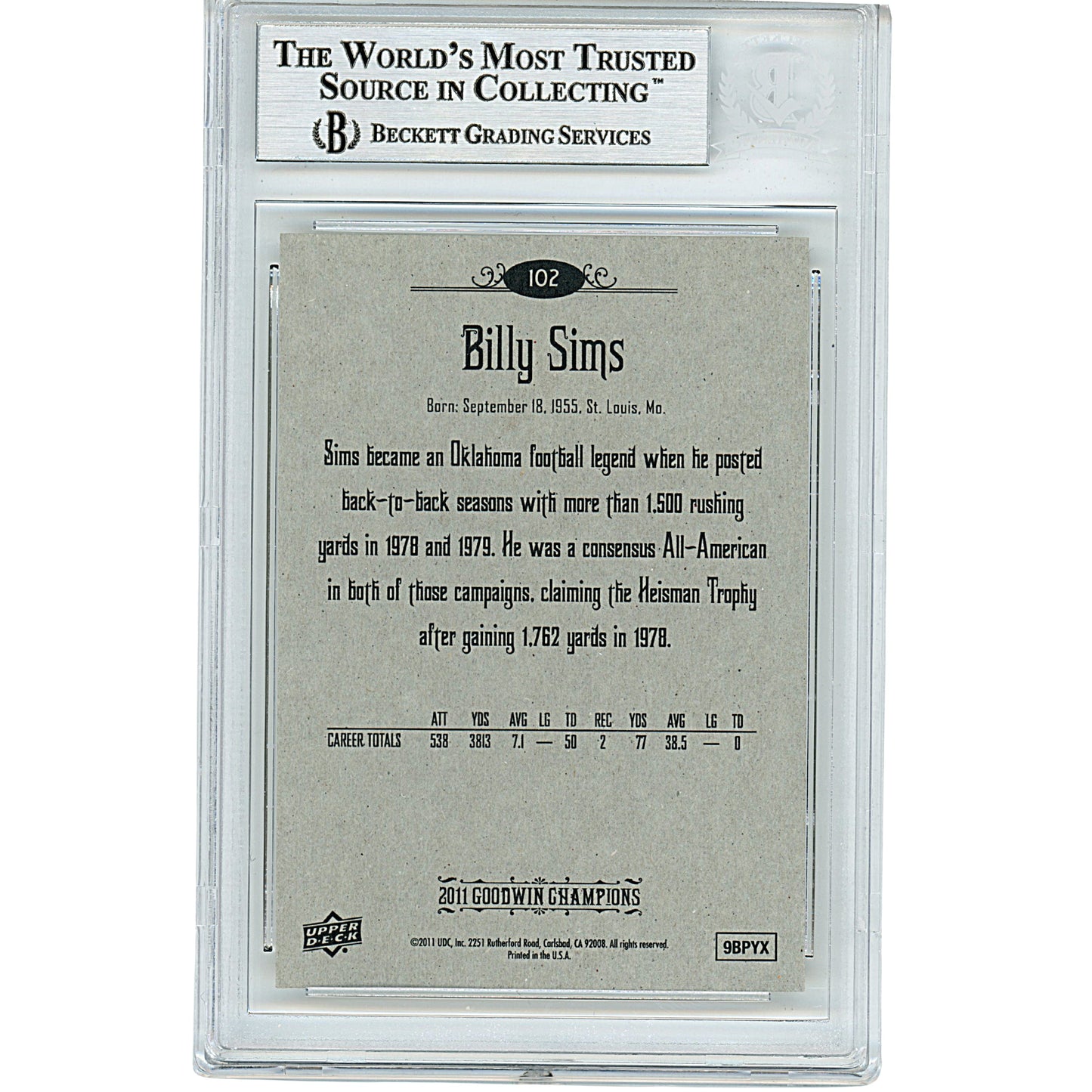 2011 Upper Deck Goodwin Champions #102 — Billy Sims Oklahoma Sooners Autographed Trading Card — Beckett Authentication