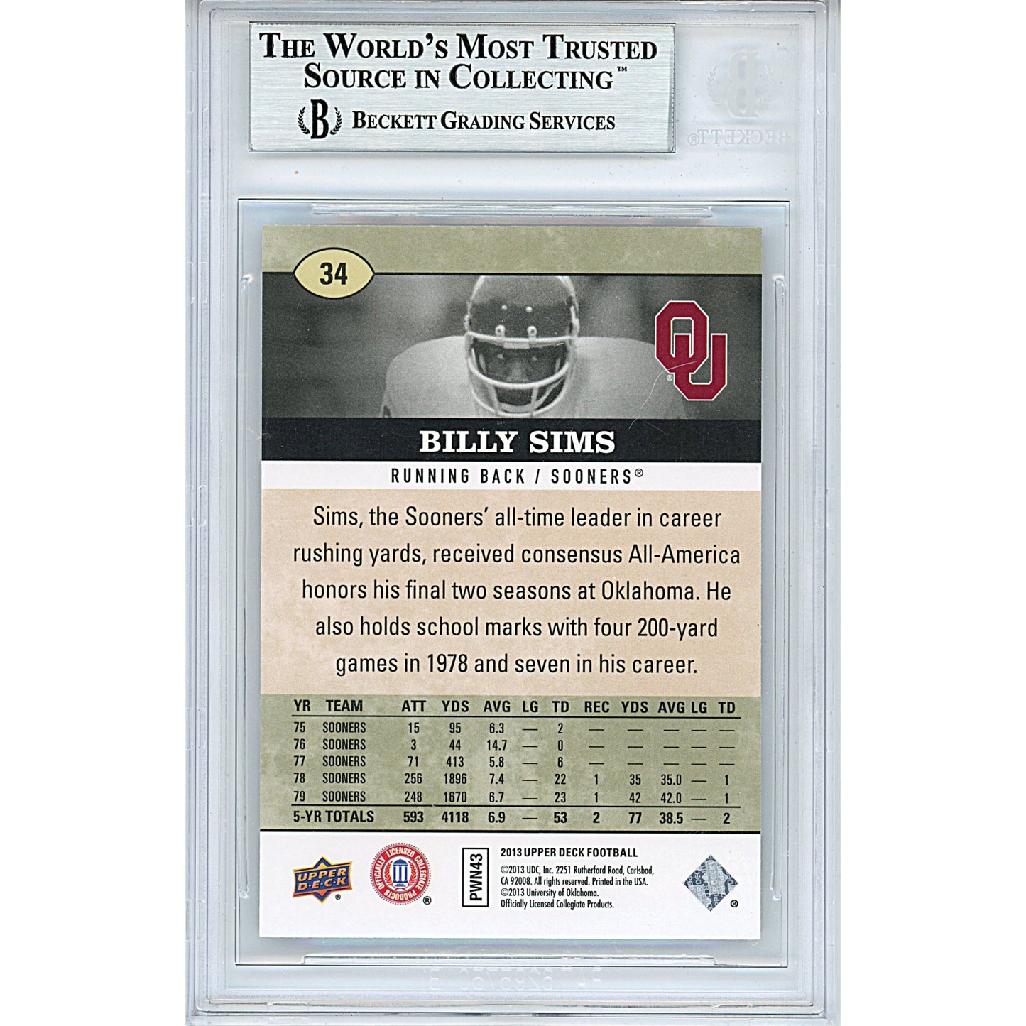 2013 Upper Deck #34 — Billy Sims Oklahoma Sooners Autographed Trading Card — Beckett Authentication - Sport Cards