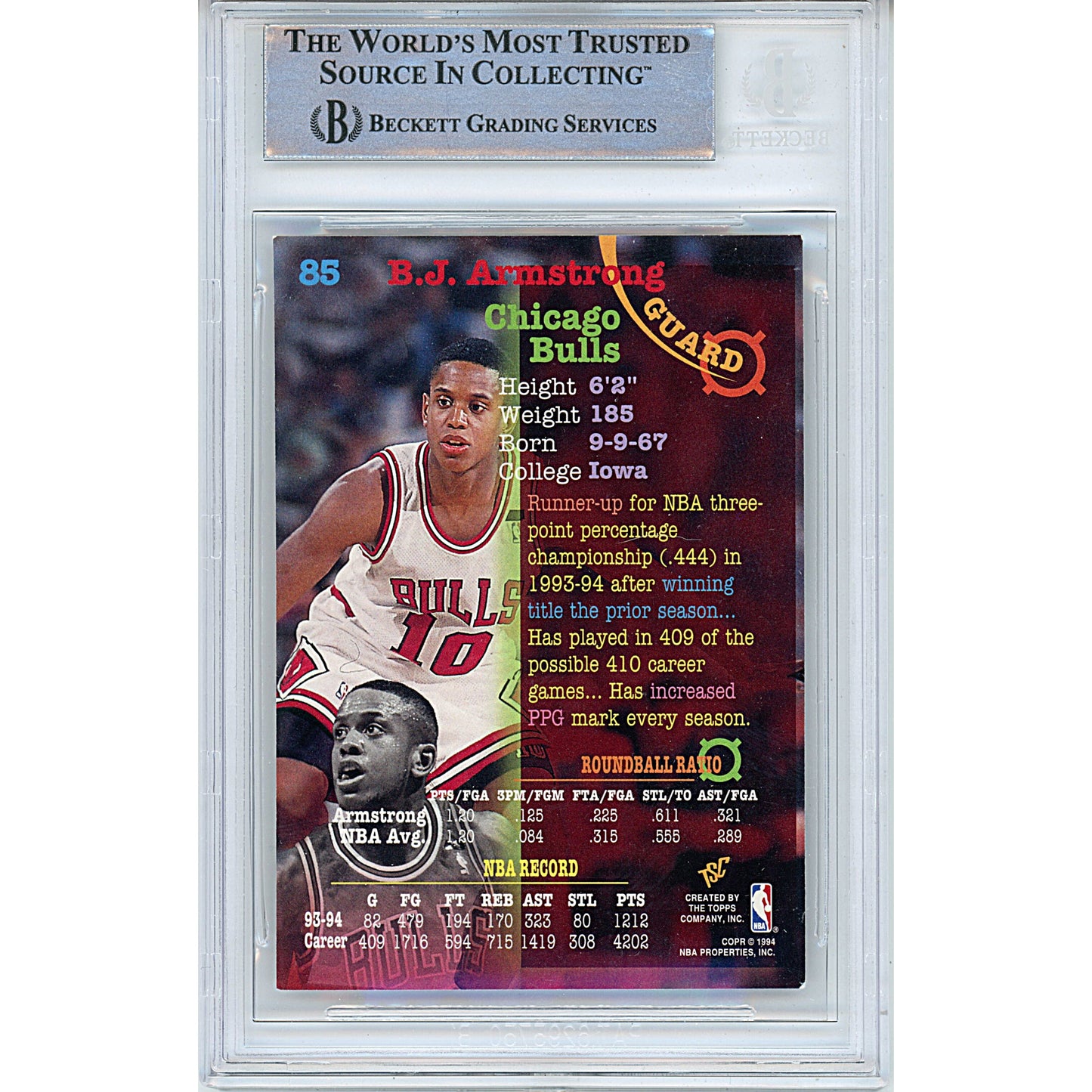 1994-95 Topps Stadium Club #18 — BJ Armstrong Chicago Bulls Autographed Trading Card — Beckett Authentication
