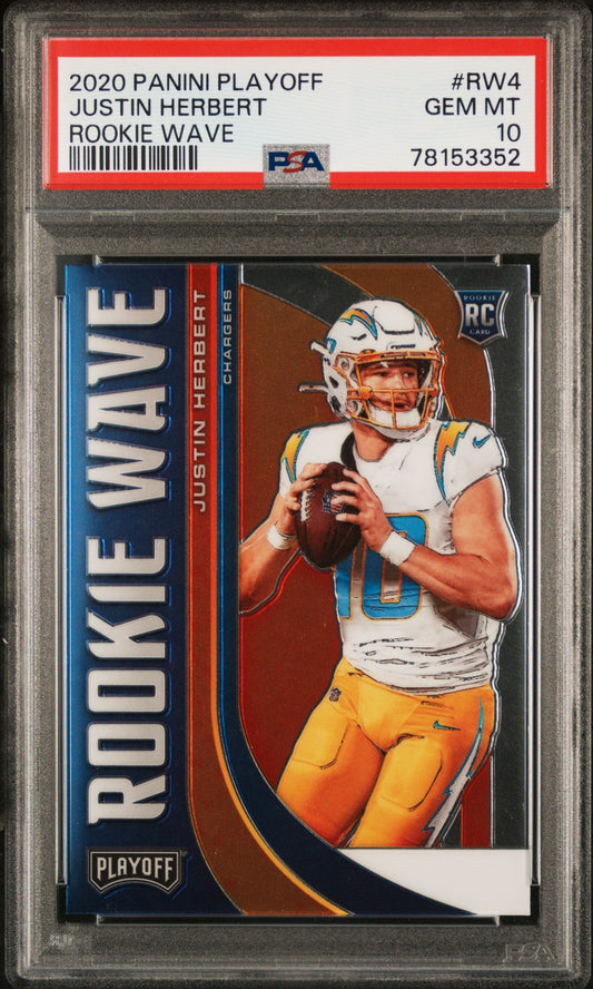 Graded 2020 Panini Playoff Justin Herbert #RW4 Rookie Wave Rookie RC Football Card PSA 10 Gem Mint - Sport Cards