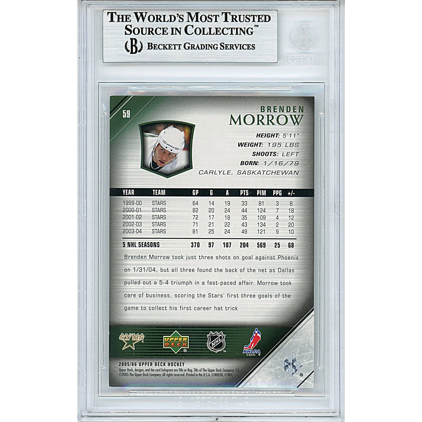 2005-06 Upper Deck #25 — Brenden Morrow Dallas Stars Autographed Trading Card — Beckett Authentication