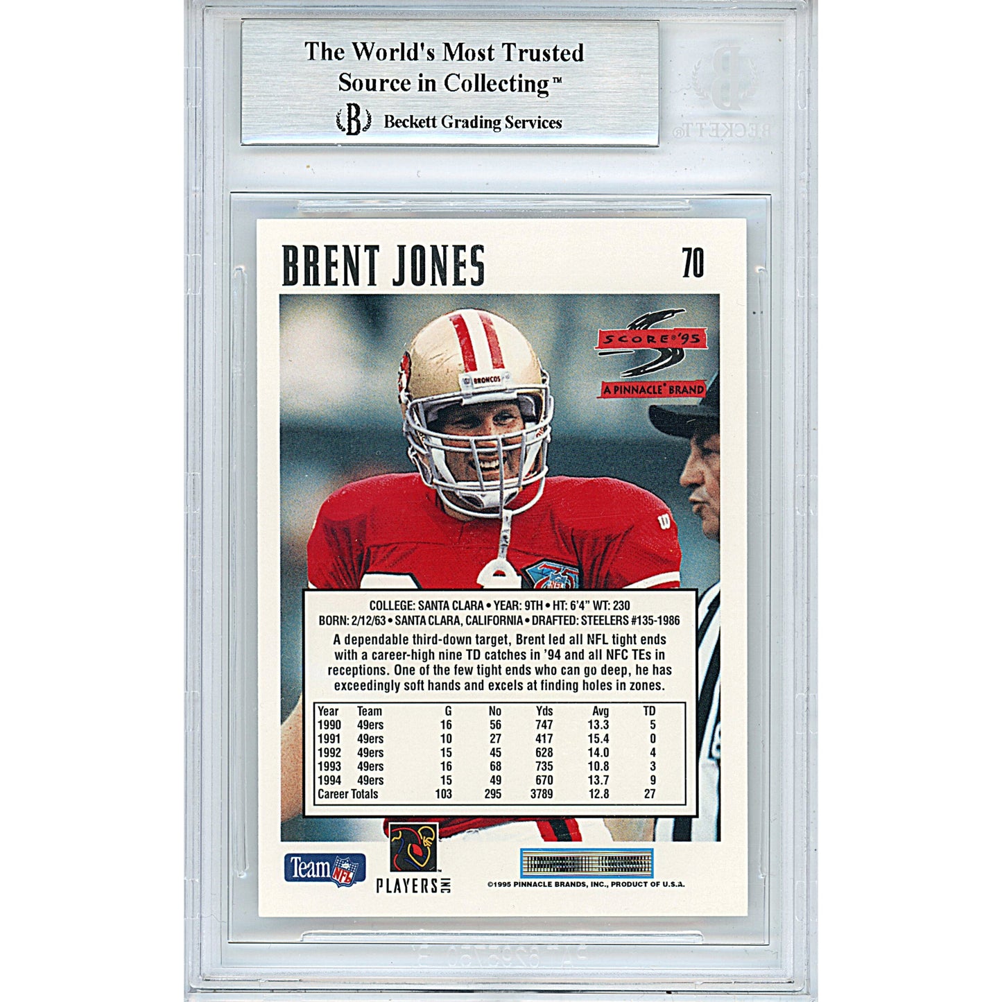 1995 Score #70 — Brent Jones San Francisco 49ers Autographed Trading Card — Beckett Authentication