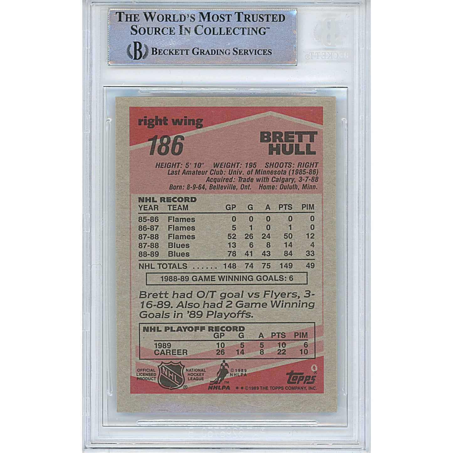 1989 Topps #117 — Brett Hull St. Louis Blues Autographed Trading Card — Beckett Authentication