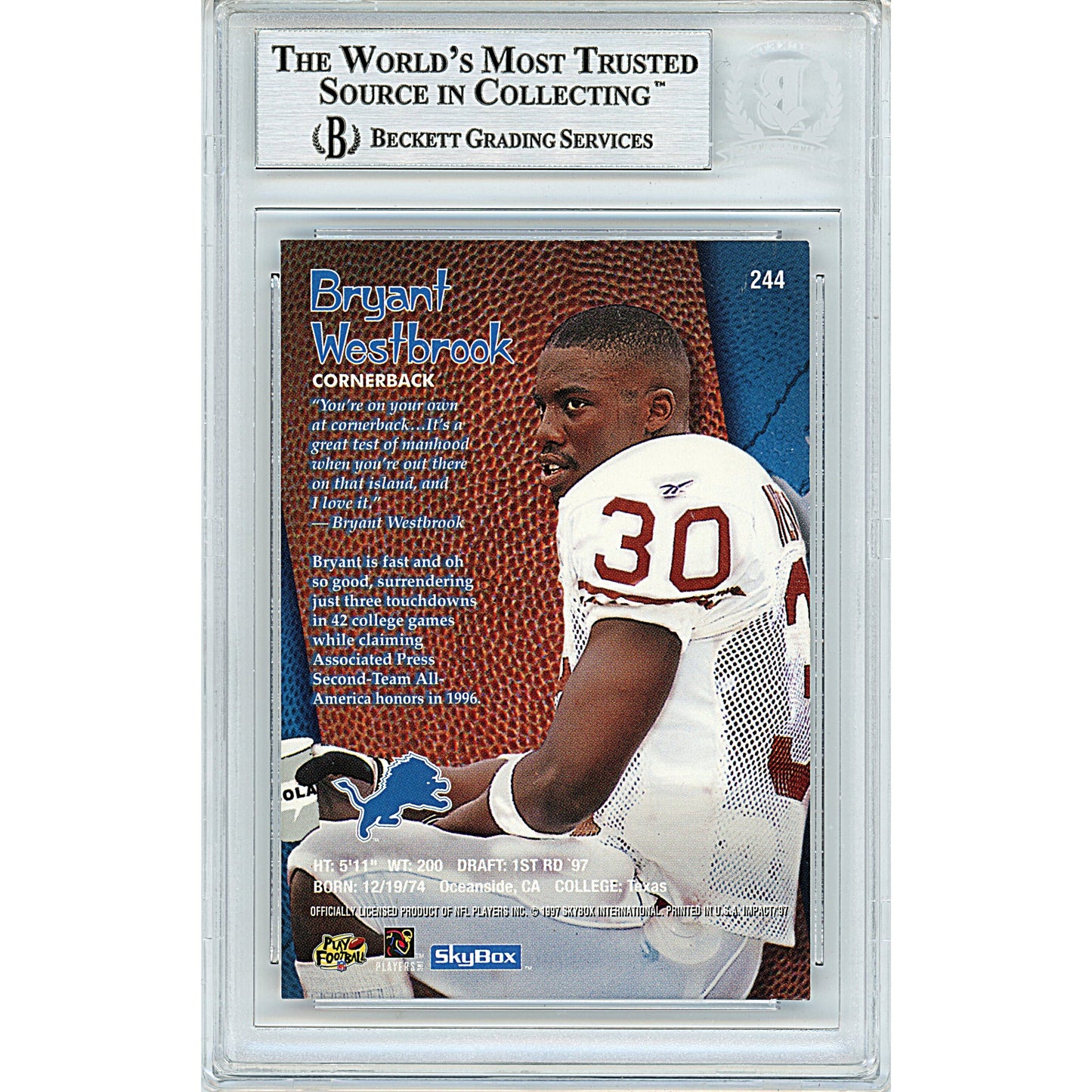 1997 Skybox Impact #5 — Bryant Westbrook Texas Longhorns Autographed Trading Card — Beckett Authentication