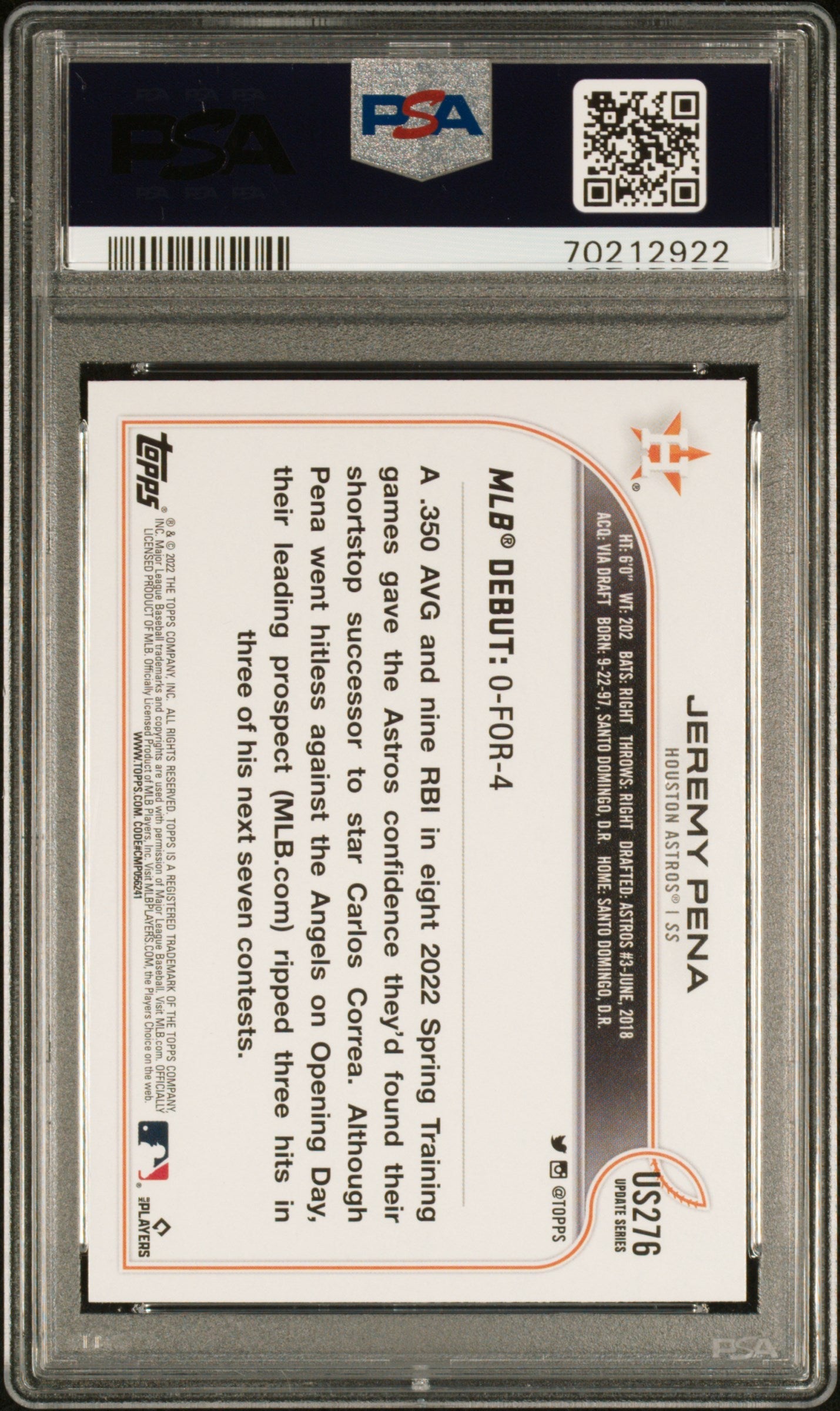 Graded 2022 Topps Update Jeremy Pena #US276 Rookie RC Baseball Card PSA 10 Gem Mint