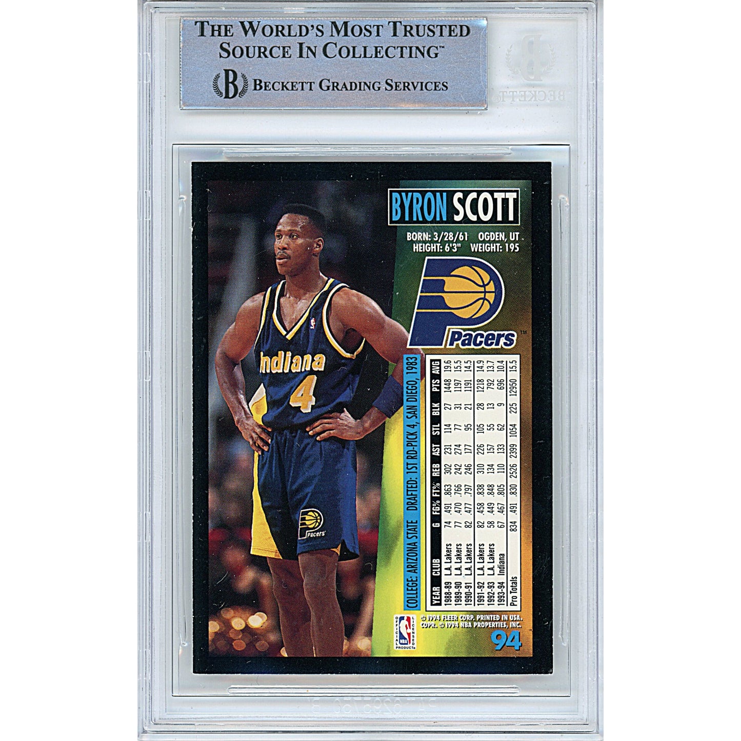 1994-95 Fleer #94 — Byron Scott Indiana Pacers Autographed Trading Card — Beckett Authentication