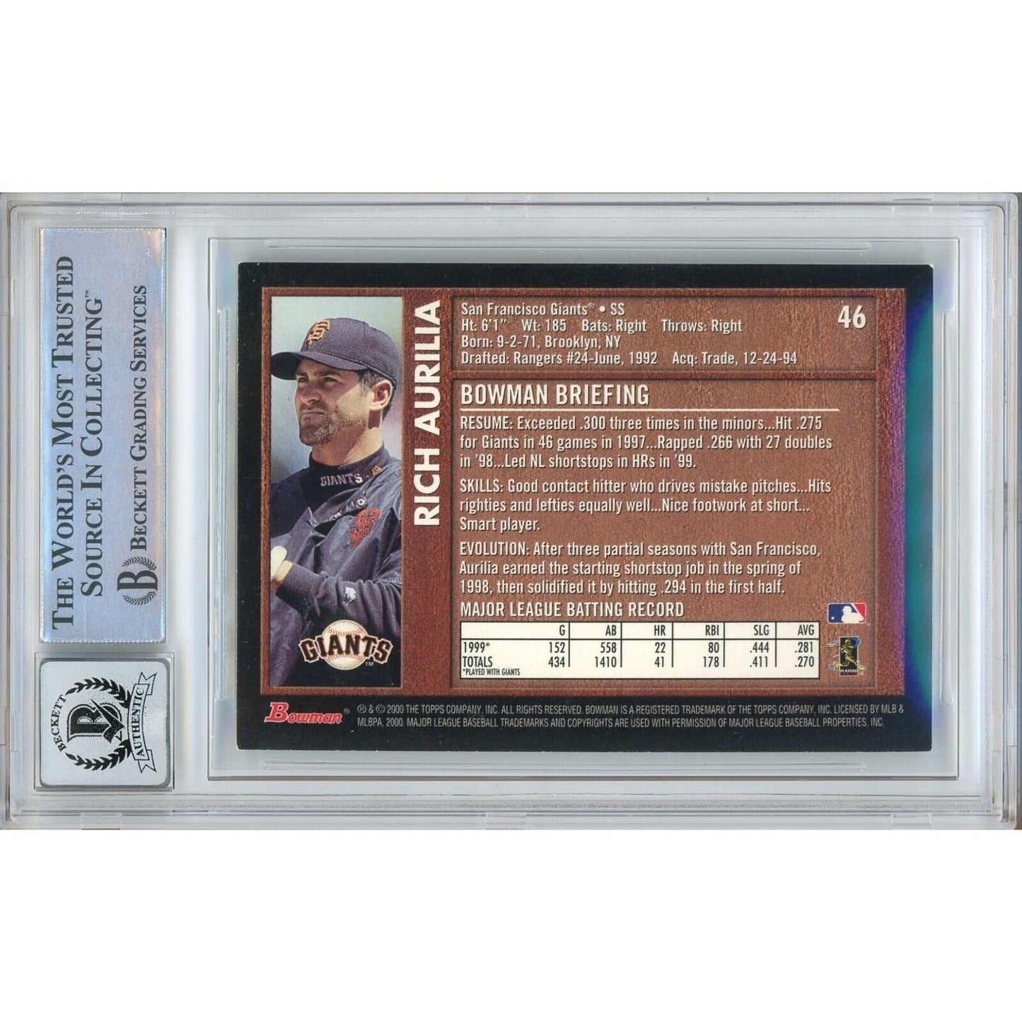 Rich Aurilia San Francisco Giants Signed 2000 Bowman Future Card BGS Auto 10 Graded