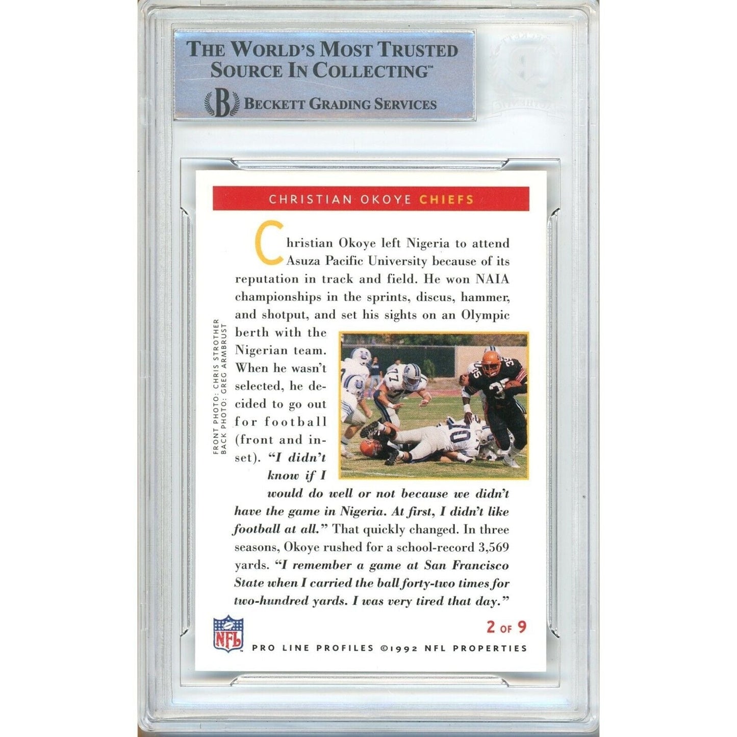 1992 Pro Line Profiles #2 of 9 — Christian Okoye KC Chiefs Autographed Trading Card — Beckett Authentication