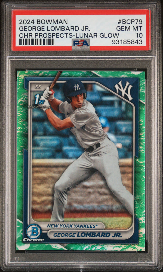Graded 2024 Topps Bowman George Lombard Jr #BCP79 Chrome Prospects Lunar Glow Rookie RC Baseball Card PSA 10 Gem Mint