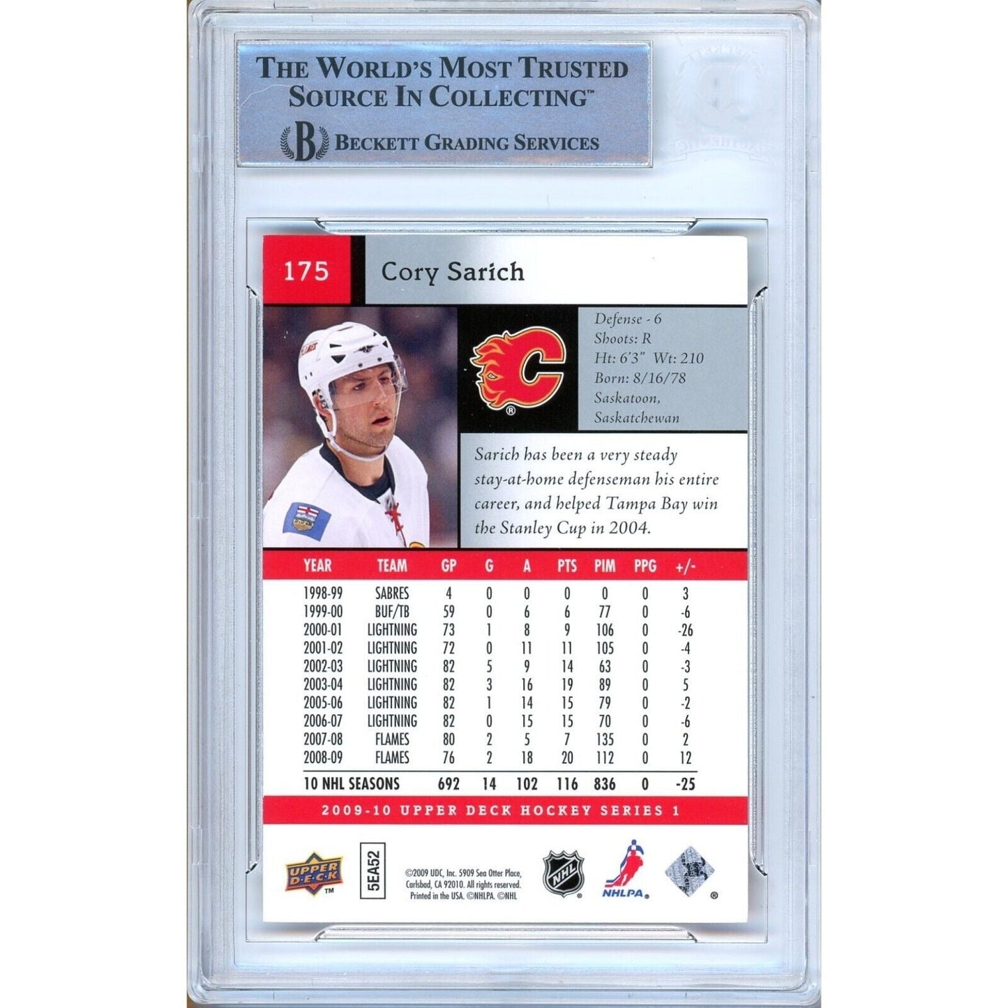 2009-10 Upper Deck #175 — Cory Sarich Calgary Flames Autographed Trading Card — Beckett Authentication