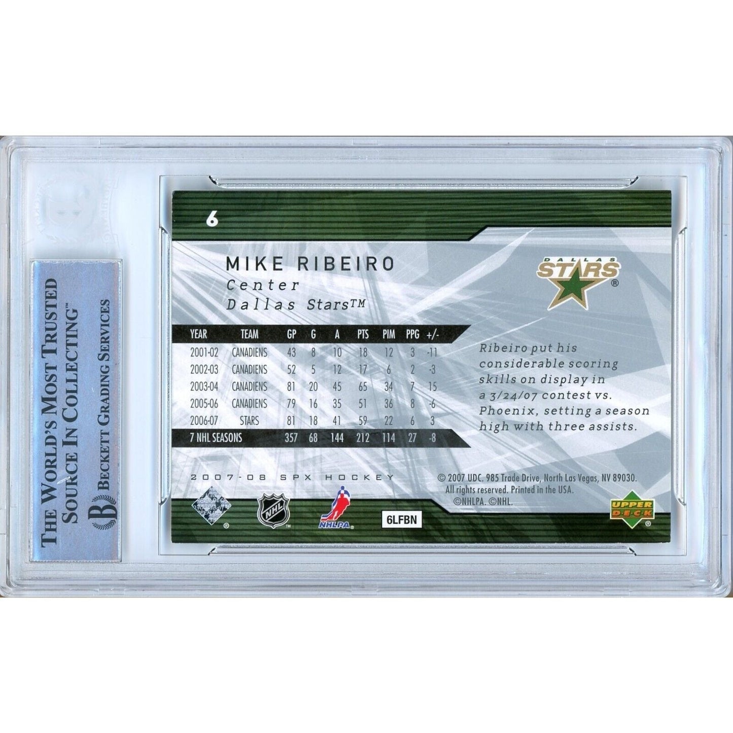 Mike Ribeiro Dallas Stars Signed 2007-08 UD SPx Hockey Card Beckett Authentic Auto Slab