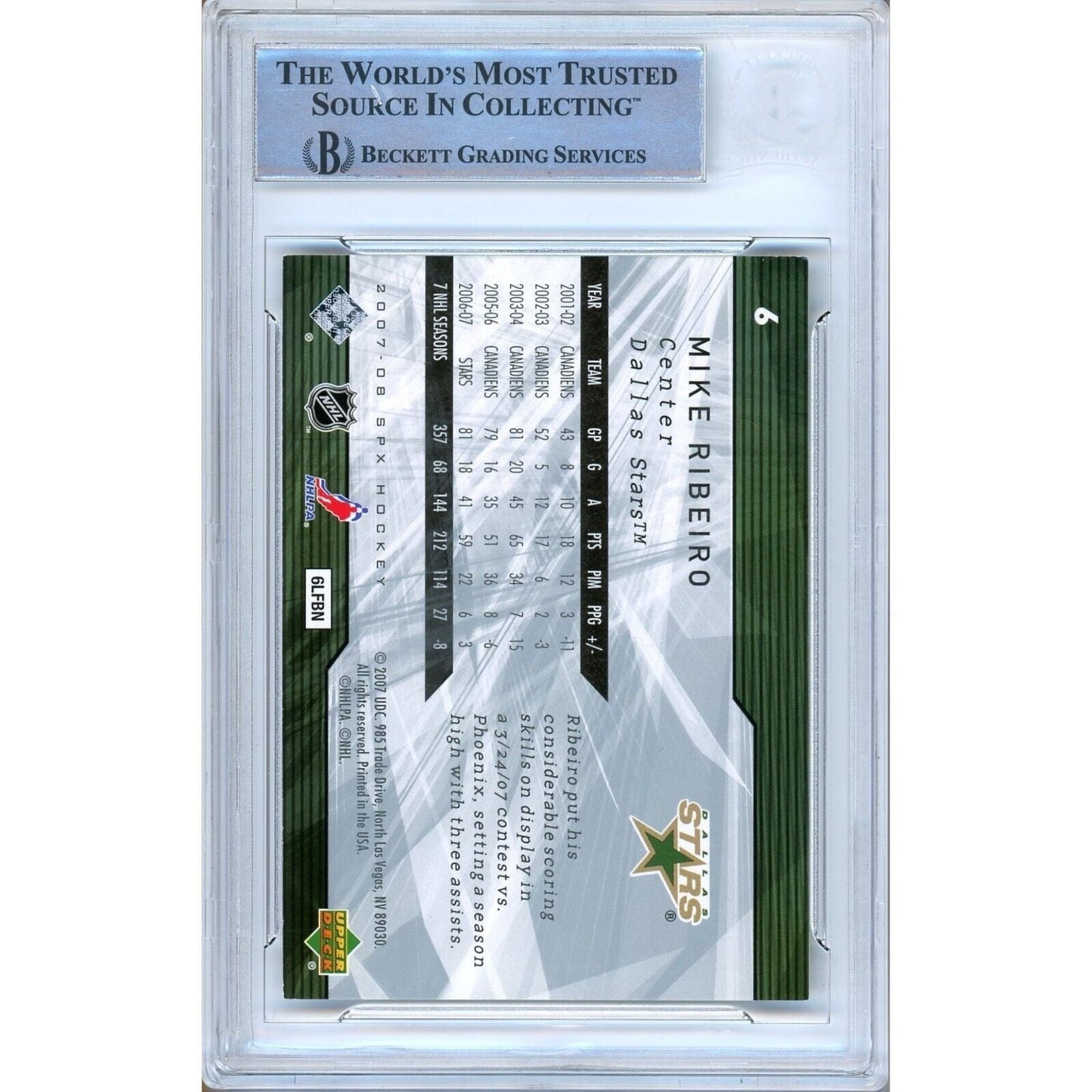 Mike Ribeiro Dallas Stars Signed 2007-08 UD SPx Hockey Card Beckett Authentic Auto Slab