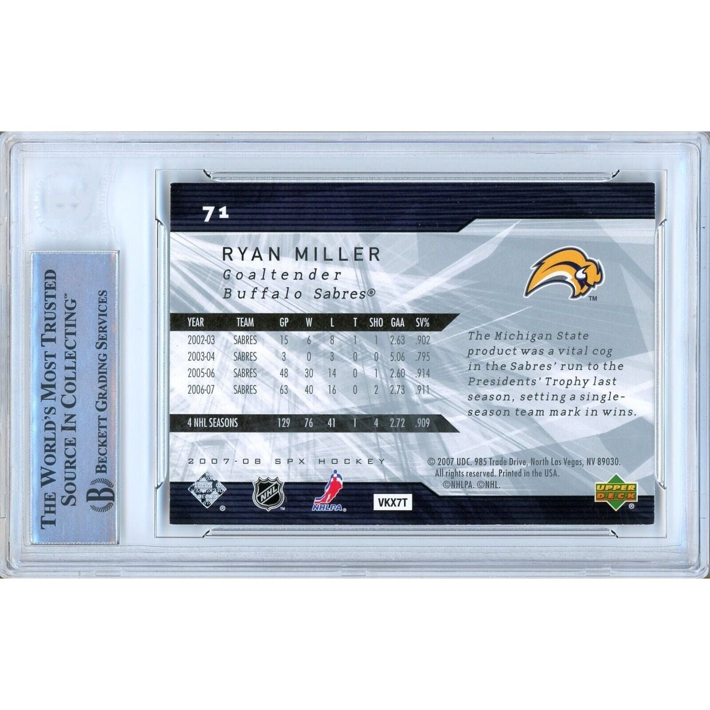 Ryan Miller Buffalo Sabres Signed 2007-08 UD SPx Hockey Card Beckett Authentic Auto Slab