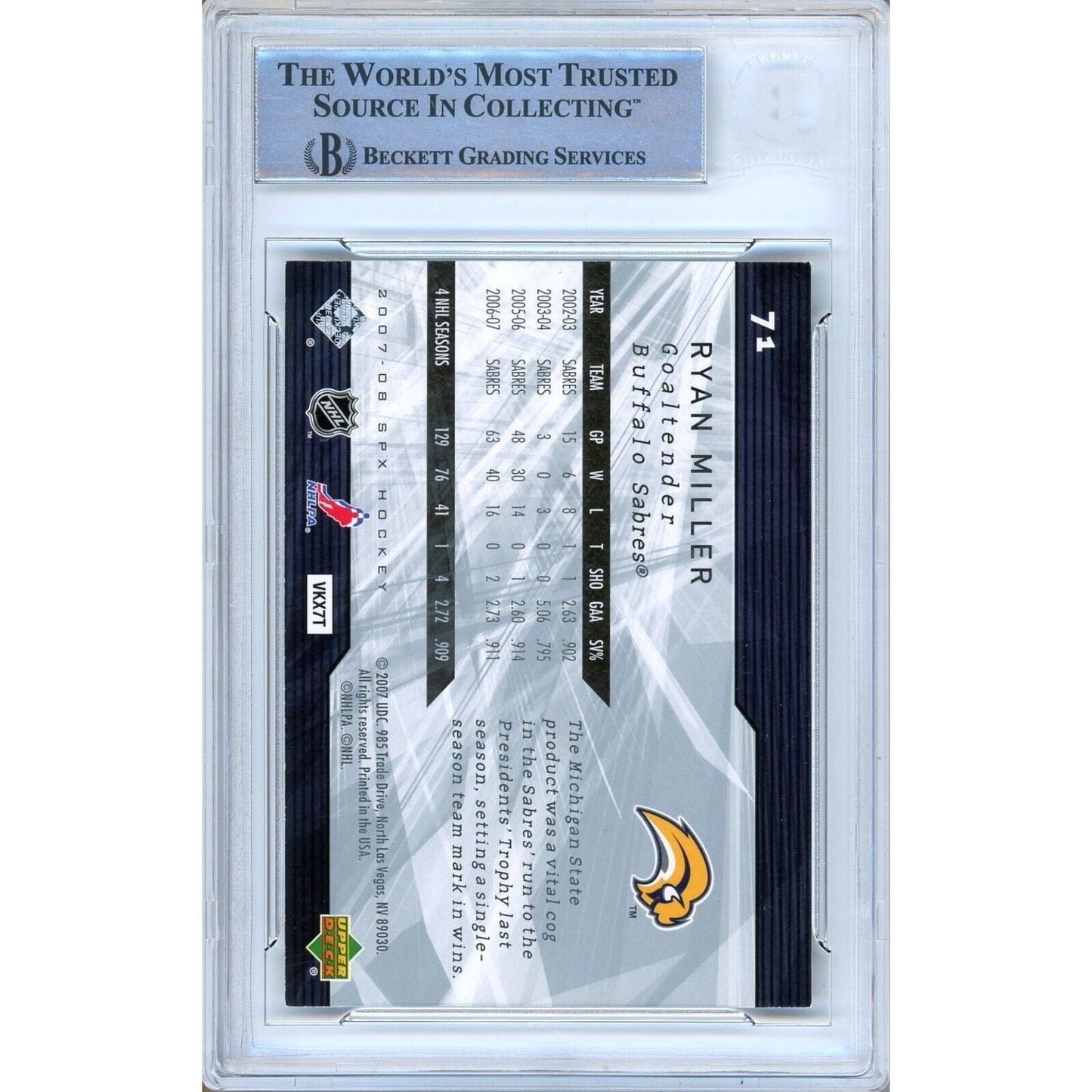 Ryan Miller Buffalo Sabres Signed 2007-08 UD SPx Hockey Card Beckett Authentic Auto Slab