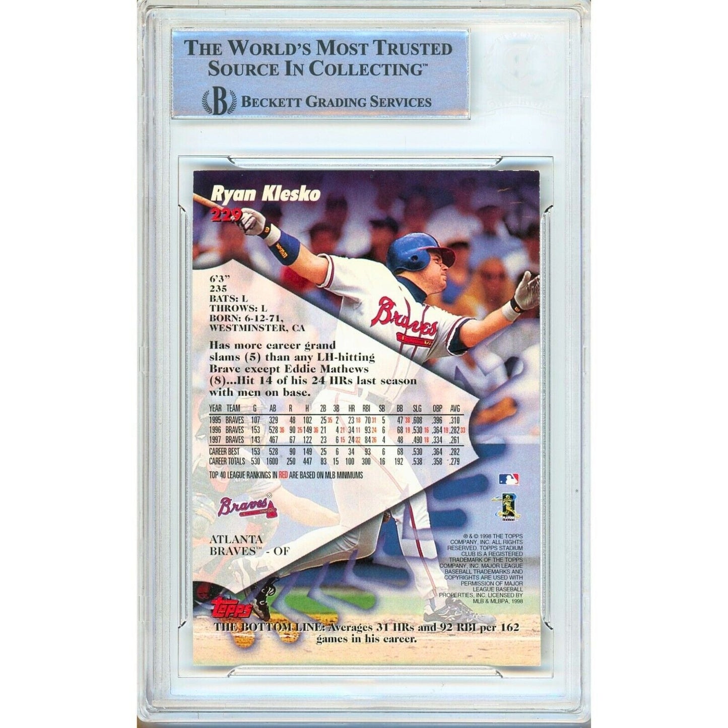 Ryan Klesko Atlanta Braves Signed 1996 Stadium Club Card Beckett Authentic Auto Slab