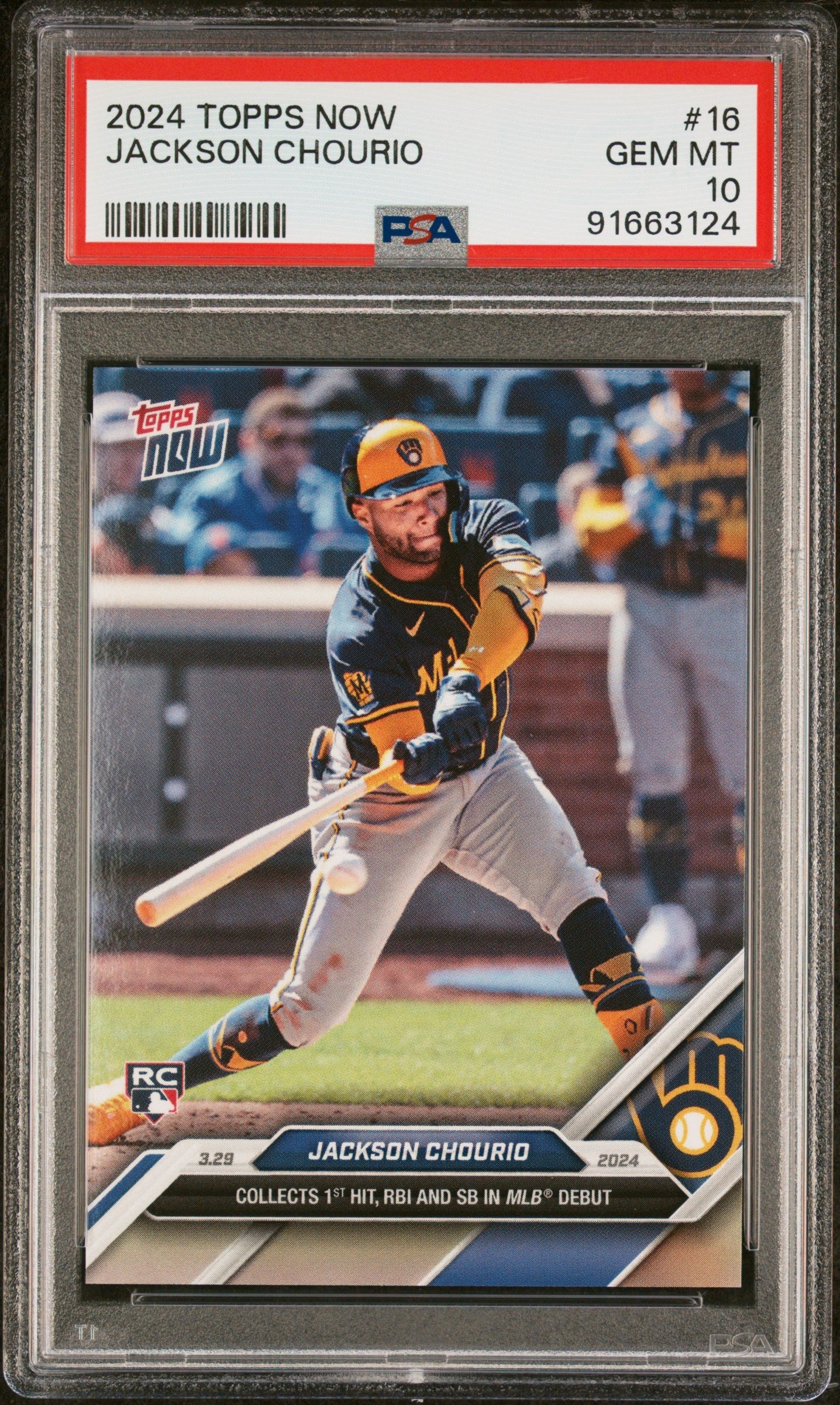 Graded 2024 Topps Now Jackson Chourio #16 Rookie RC Baseball Card PSA 10 Gem Mint