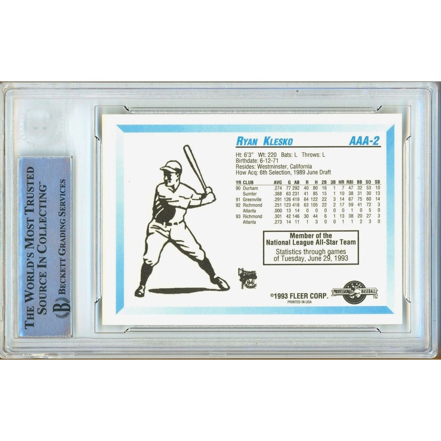 Ryan Klesko Atlanta Braves Signed 1993 Fleer Procards Rookie Card Beckett Auth Auto Slab