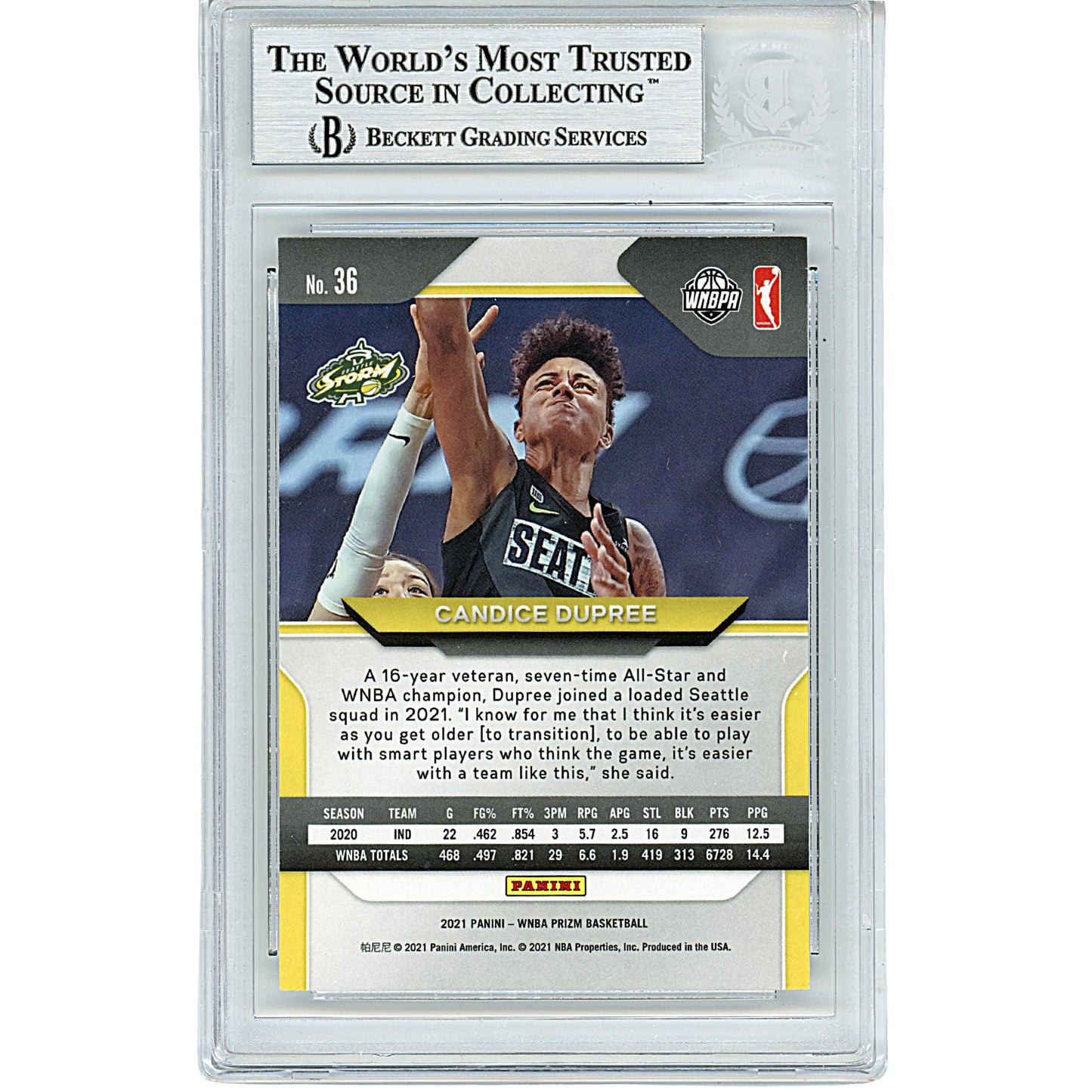 2021 Panini Prizm WNBA #36 — Candice Dupree Seattle Storm Autographed Trading Card — Beckett Authentication