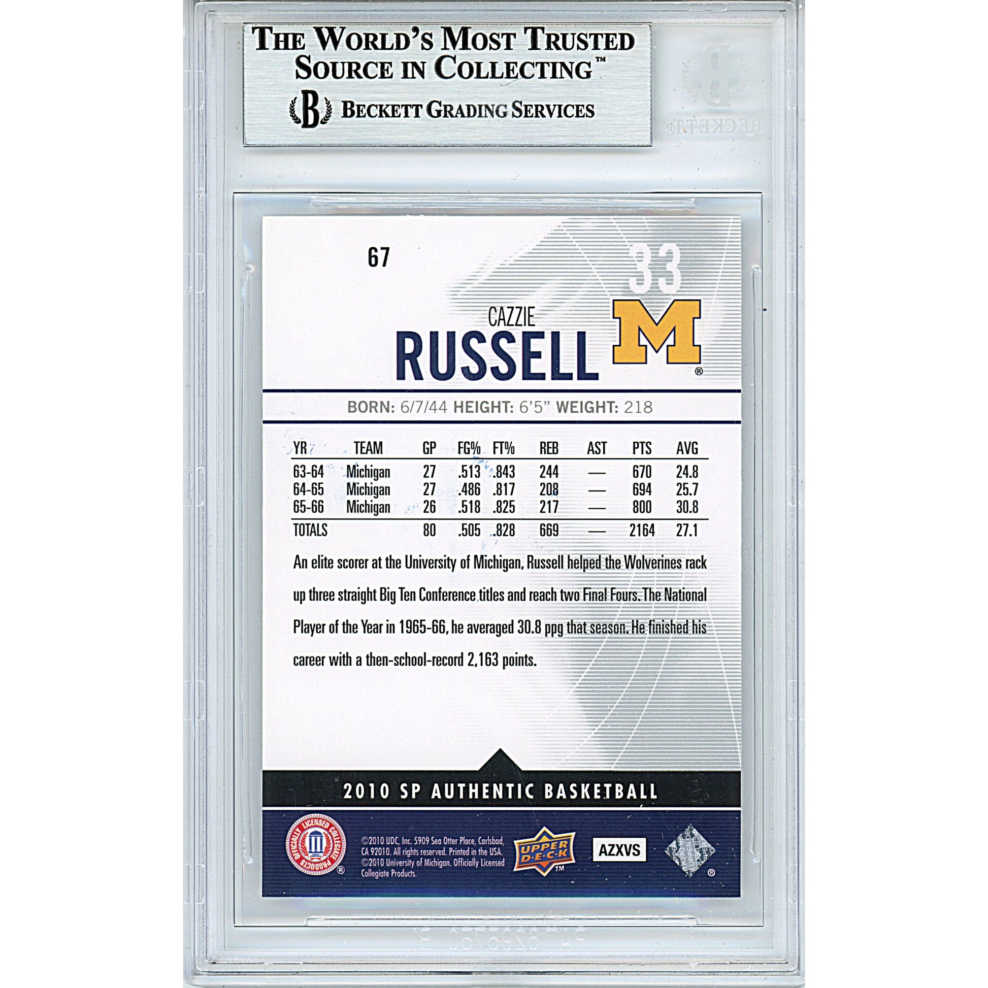 2010-11 Upper Deck SP Authentic #67 — Cazzie Russell Michigan Wolverines Autographed Trading Card — Beckett Authentication - Sport Cards