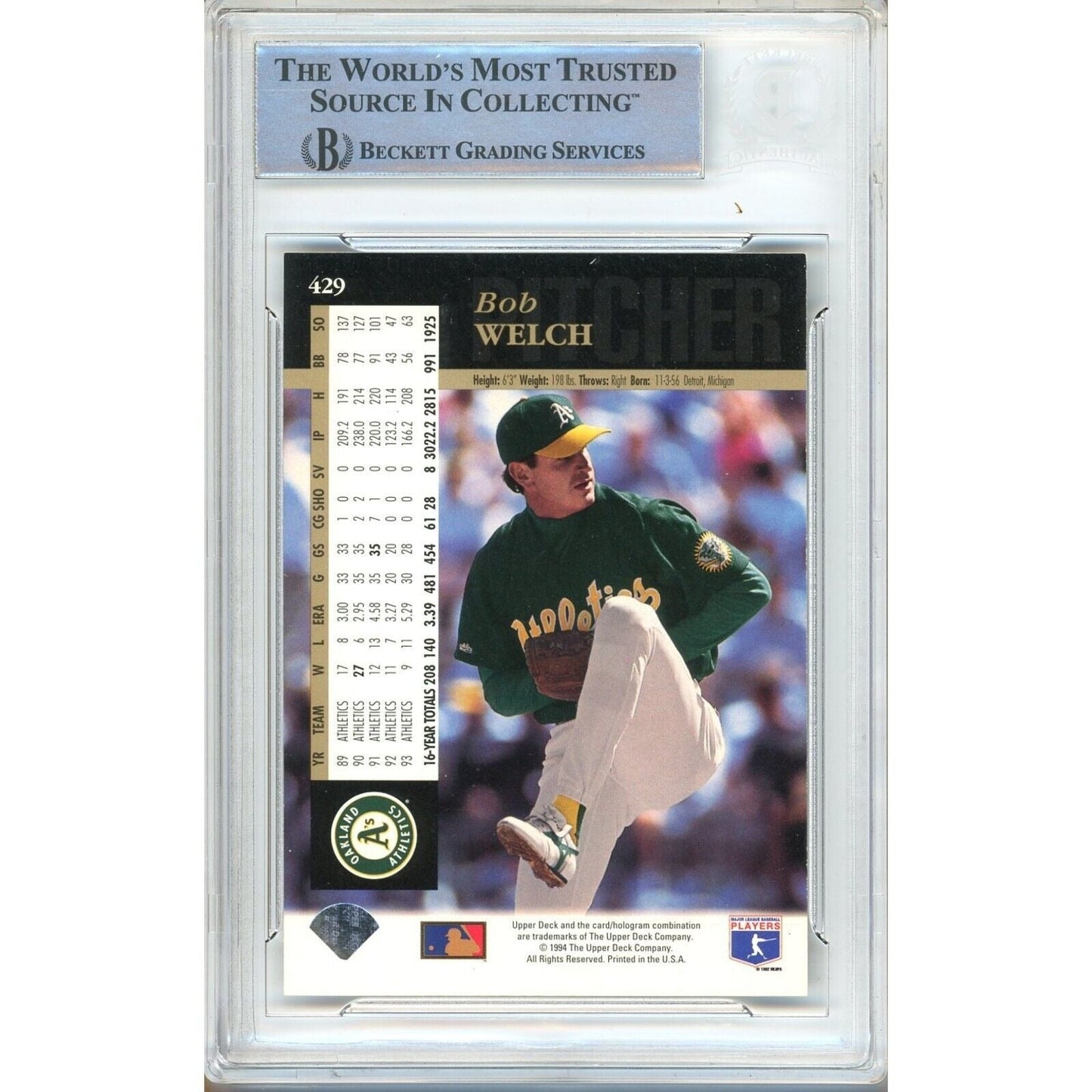 1994 Upper Deck #429 — Bob Welch Oakland Athletics Autographed Trading Card — Beckett Authentication