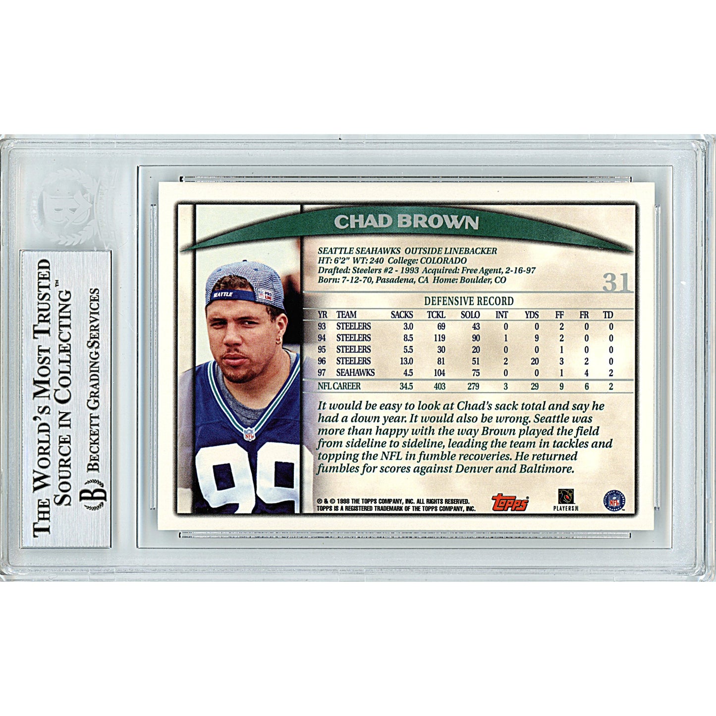 1998 Topps Season Opener #31 — Chad Brown Seattle Seahawks Autographed Trading Card — Beckett Authentication