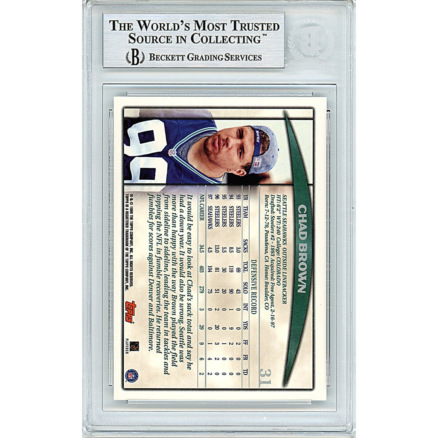 1998 Topps Season Opener #31 — Chad Brown Seattle Seahawks Autographed Trading Card — Beckett Authentication