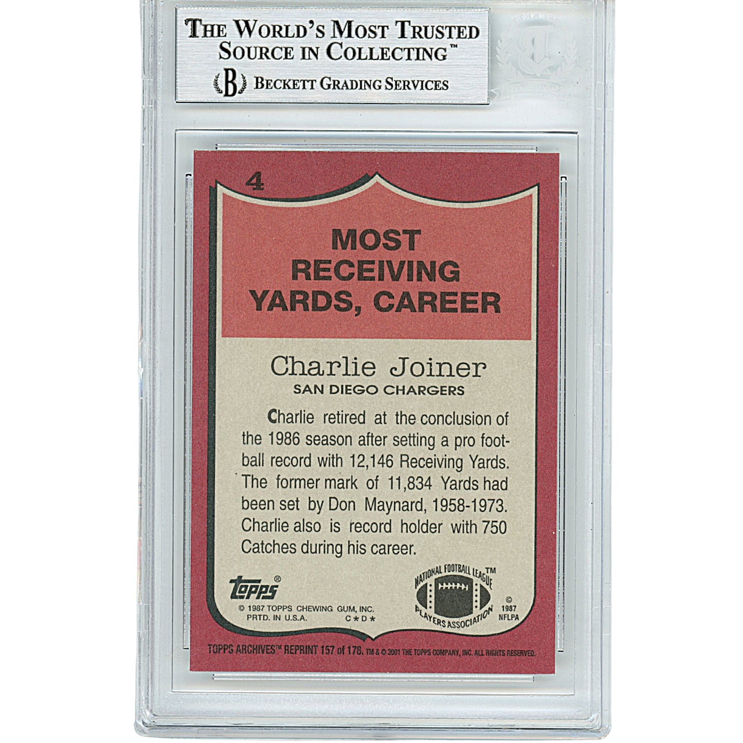 2001 Topps Archives #157 — Charlie Joiner San Diego Chargers Autographed Trading Card — Beckett Authentication