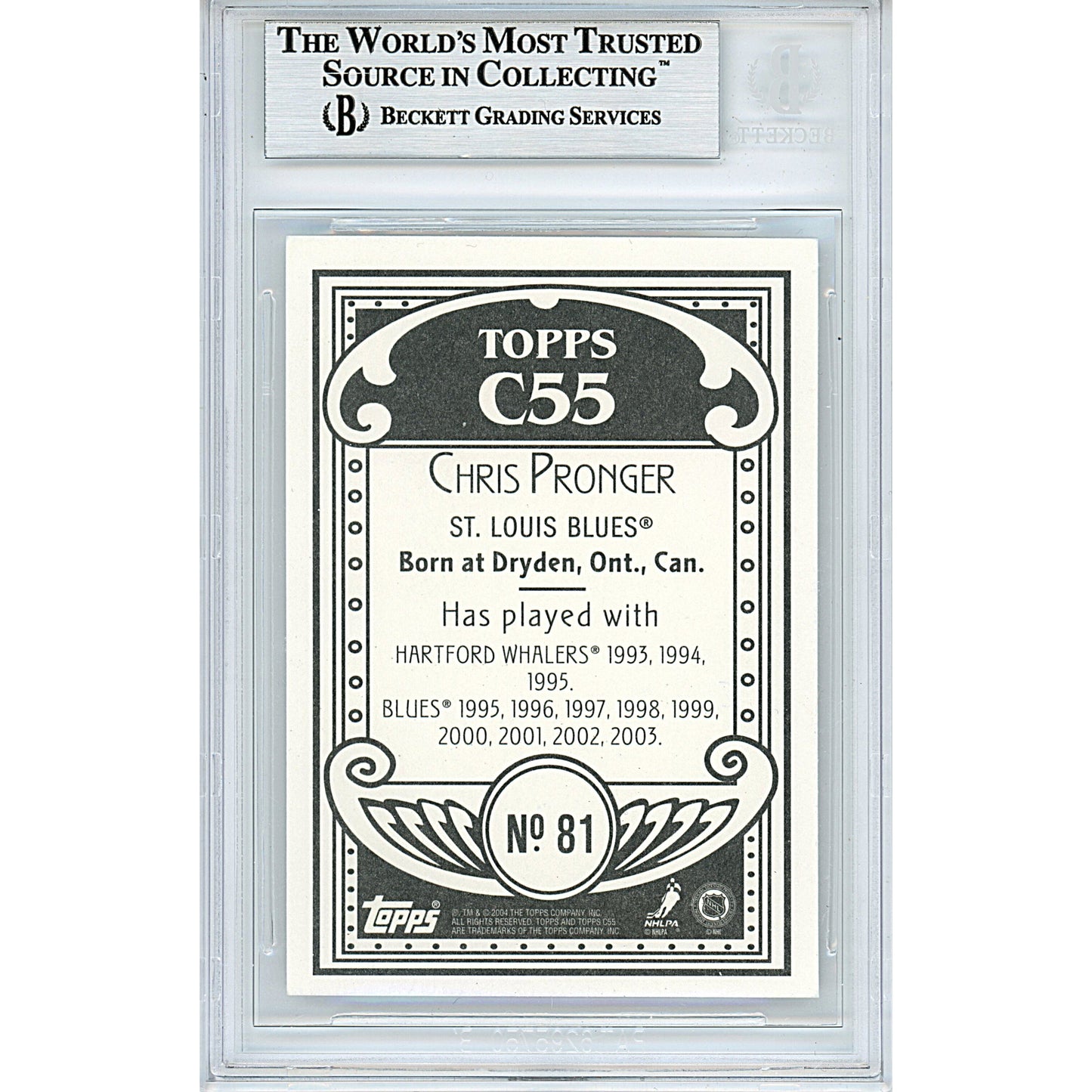 2003-04 Topps C55 #2 — Chris Pronger St Louis Blues Autographed Trading Card — Beckett Authentication