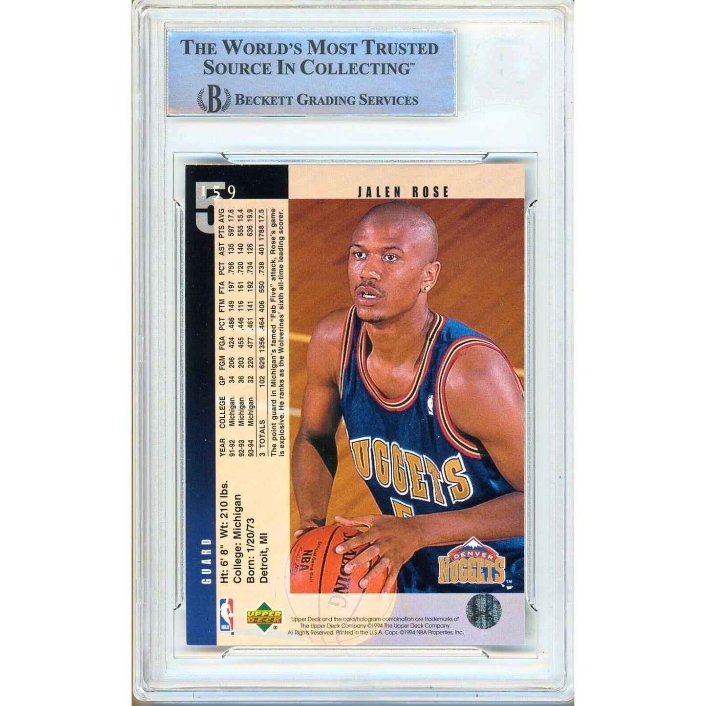 1994-95 Upper Deck #159 — Jalen Rose Denver Nuggets Autographed Trading Card — Beckett Authentication