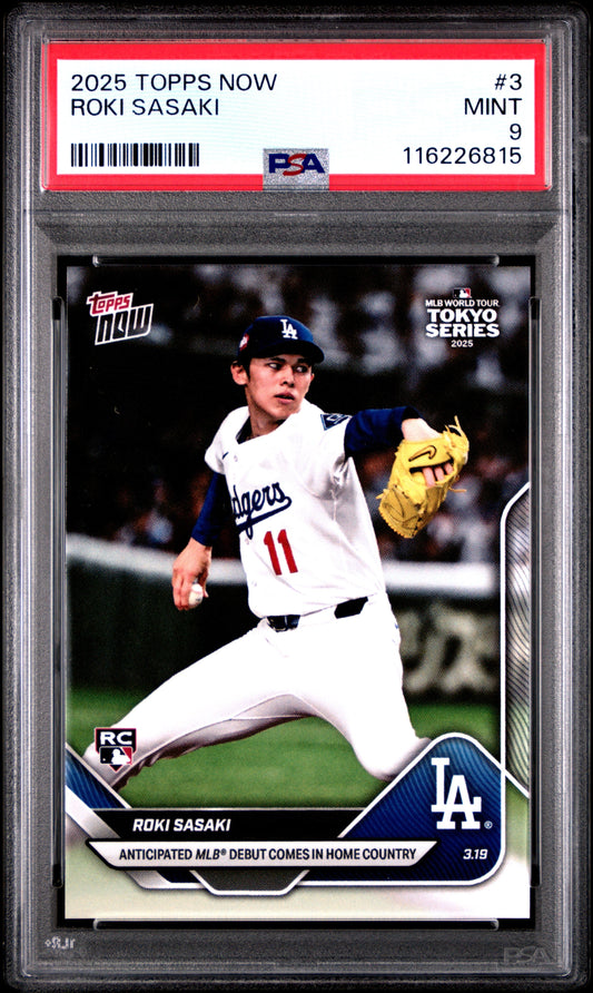 Graded 2025 Topps Now Roki Sasaki #3 Rookie RC Baseball Card PSA 9 Mint