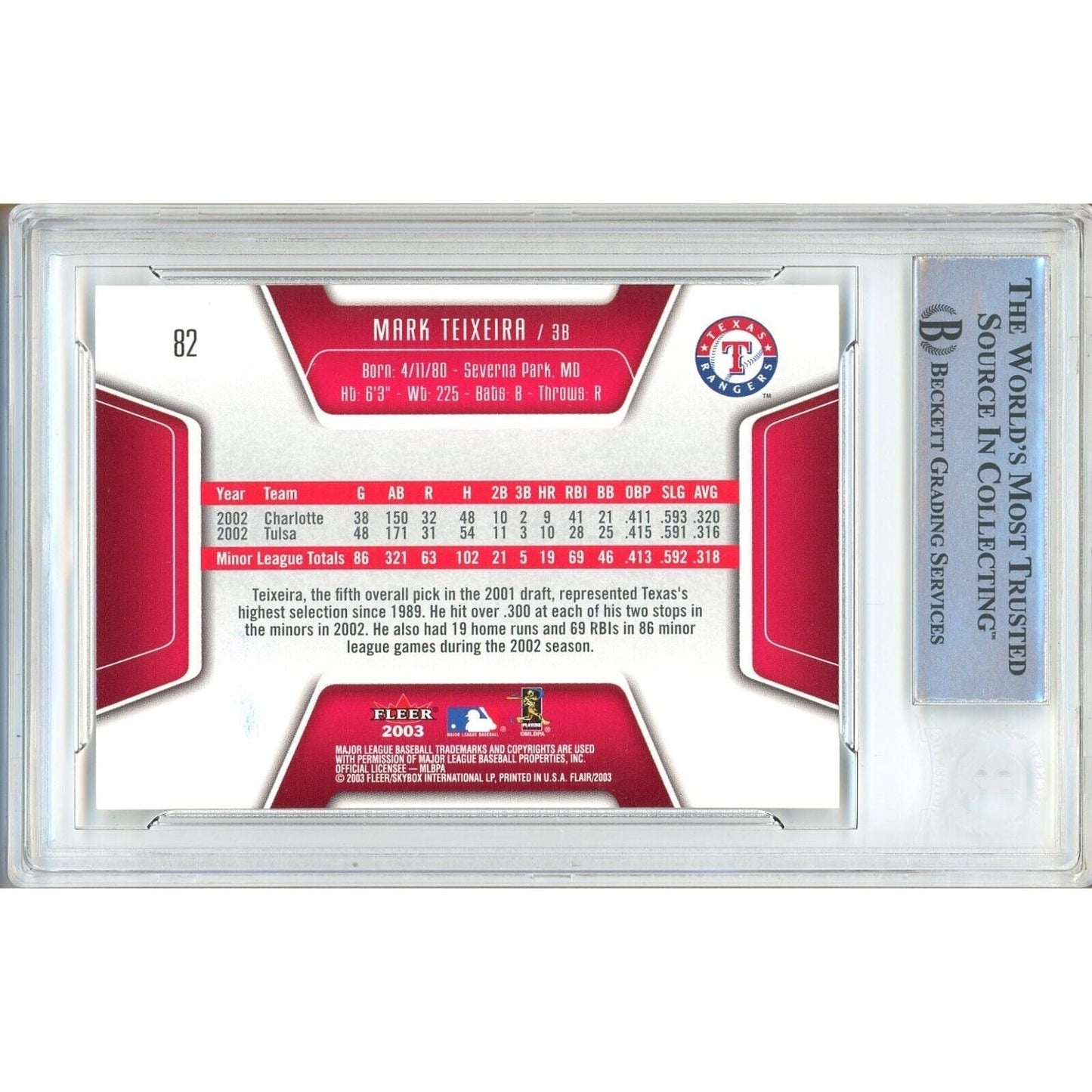 Mark Teixeira Texas Rangers Signed 2003 Fleer Flair Baseball Card BAS Auth Auto Slab