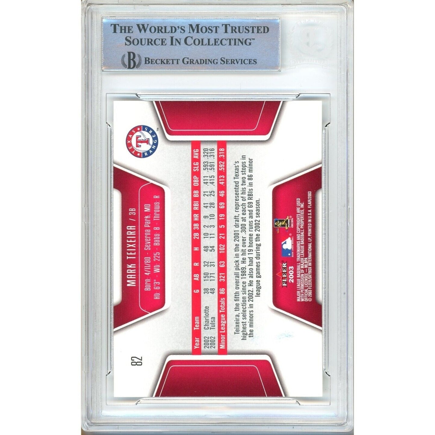 Mark Teixeira Texas Rangers Signed 2003 Fleer Flair Baseball Card BAS Auth Auto Slab