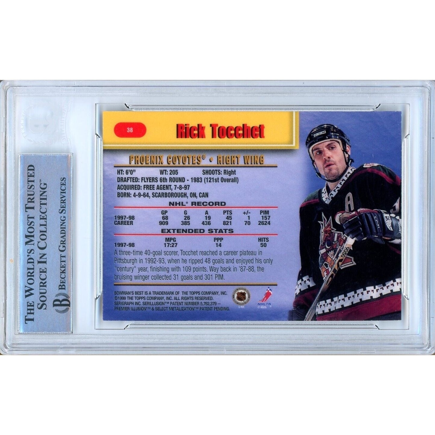 Rick Tocchet Arizona Coyotes Signed 1998-99 Bowman Best Hockey Card Beckett Auth Auto