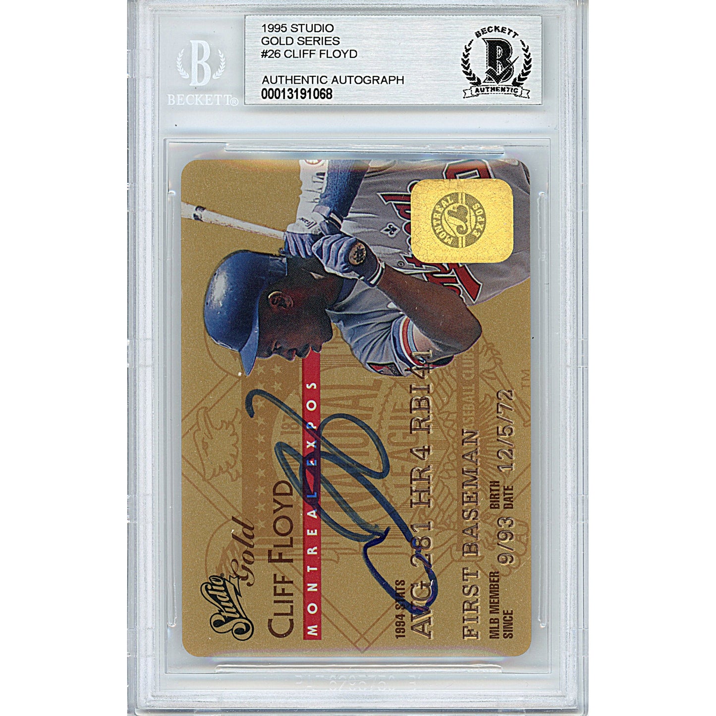 1995 Donruss Studio Gold #26 — Cliff Floyd Montreal Expos Autographed Trading Card — Beckett Authentication