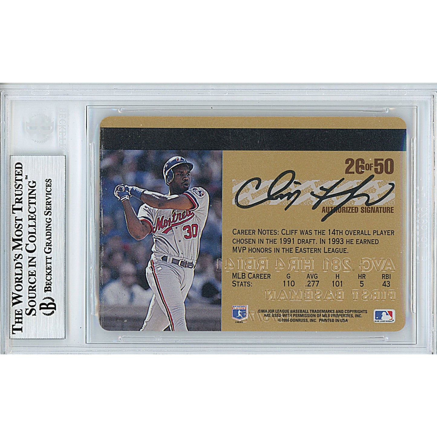 1995 Donruss Studio Gold #26 — Cliff Floyd Montreal Expos Autographed Trading Card — Beckett Authentication