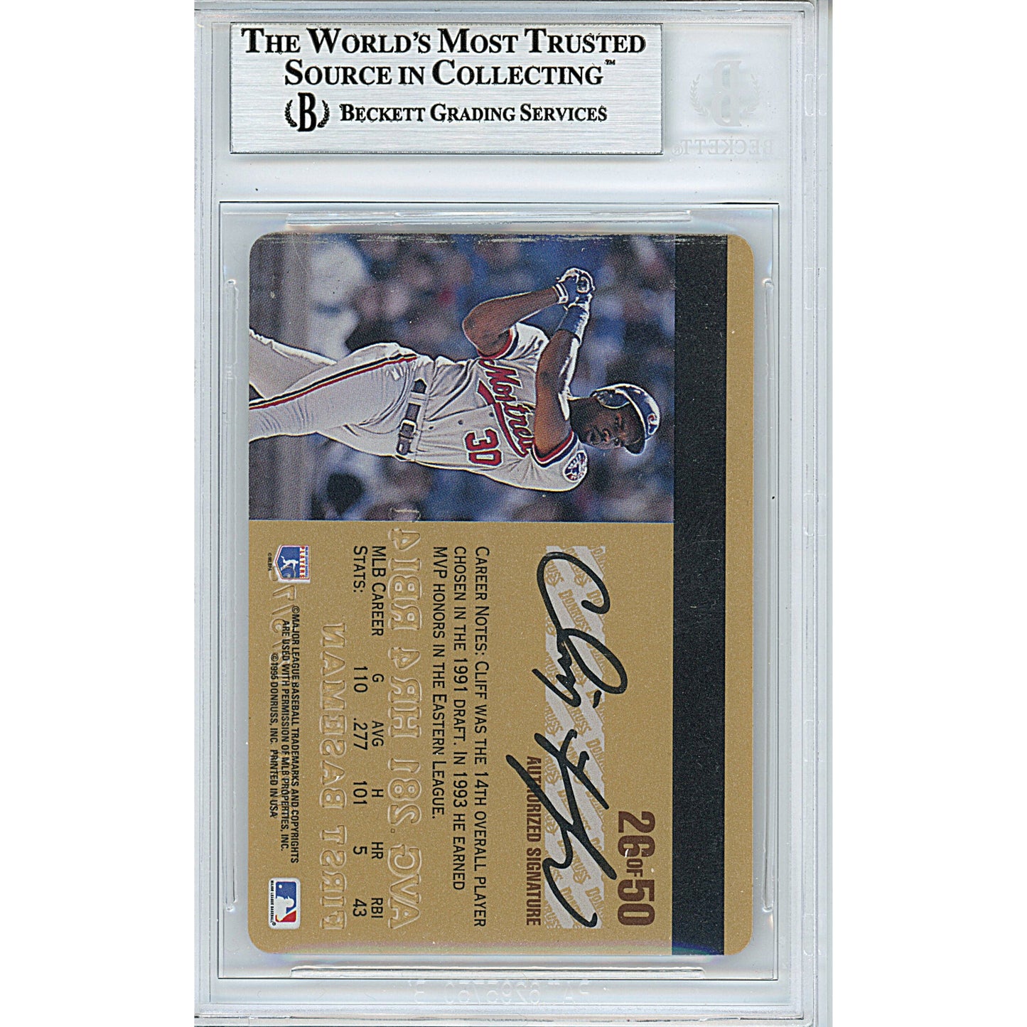1995 Donruss Studio Gold #26 — Cliff Floyd Montreal Expos Autographed Trading Card — Beckett Authentication