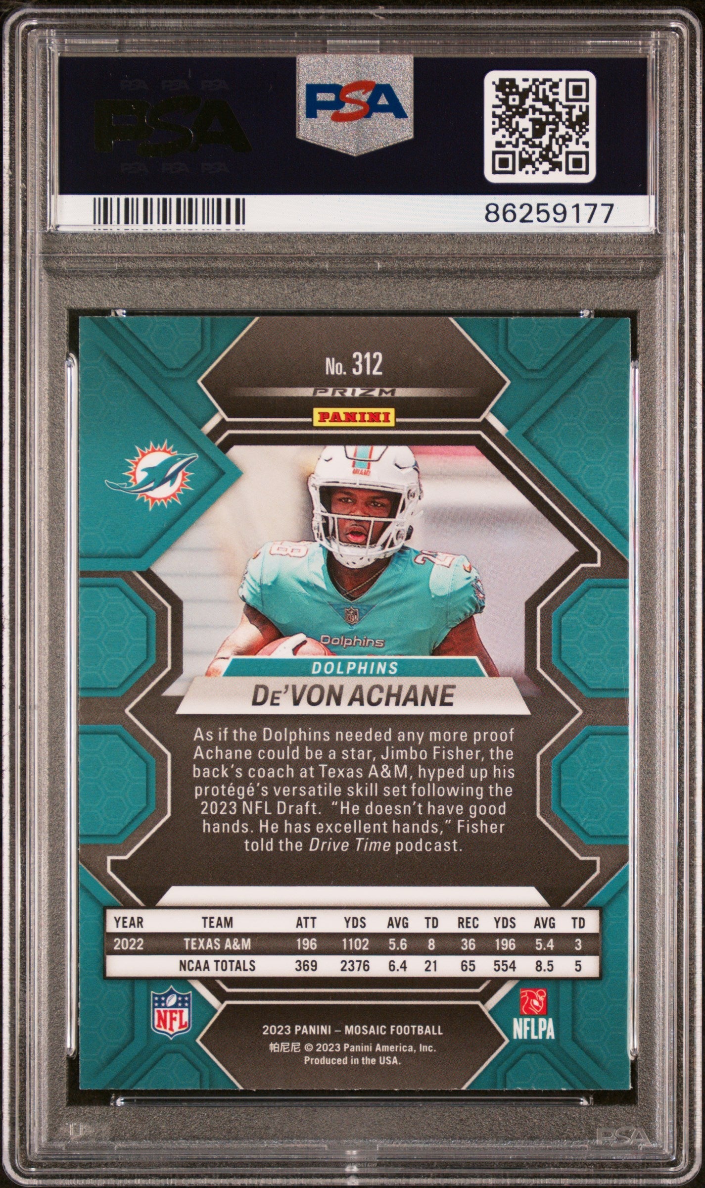 Graded 2023 Panini Mosaic Devon Achane #312 Green Rookie RC Football Card PSA 10 Gem Mint