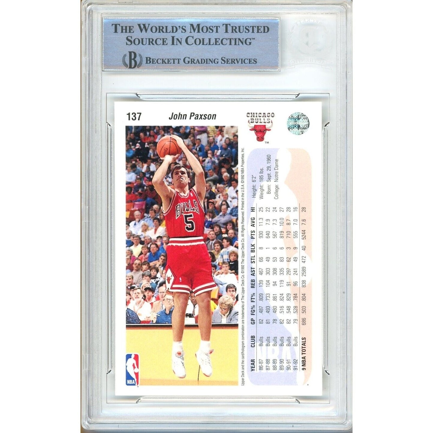 1992-93 Upper Deck — John Paxson Chicago Bulls Autographed Trading Card — Beckett Authentication